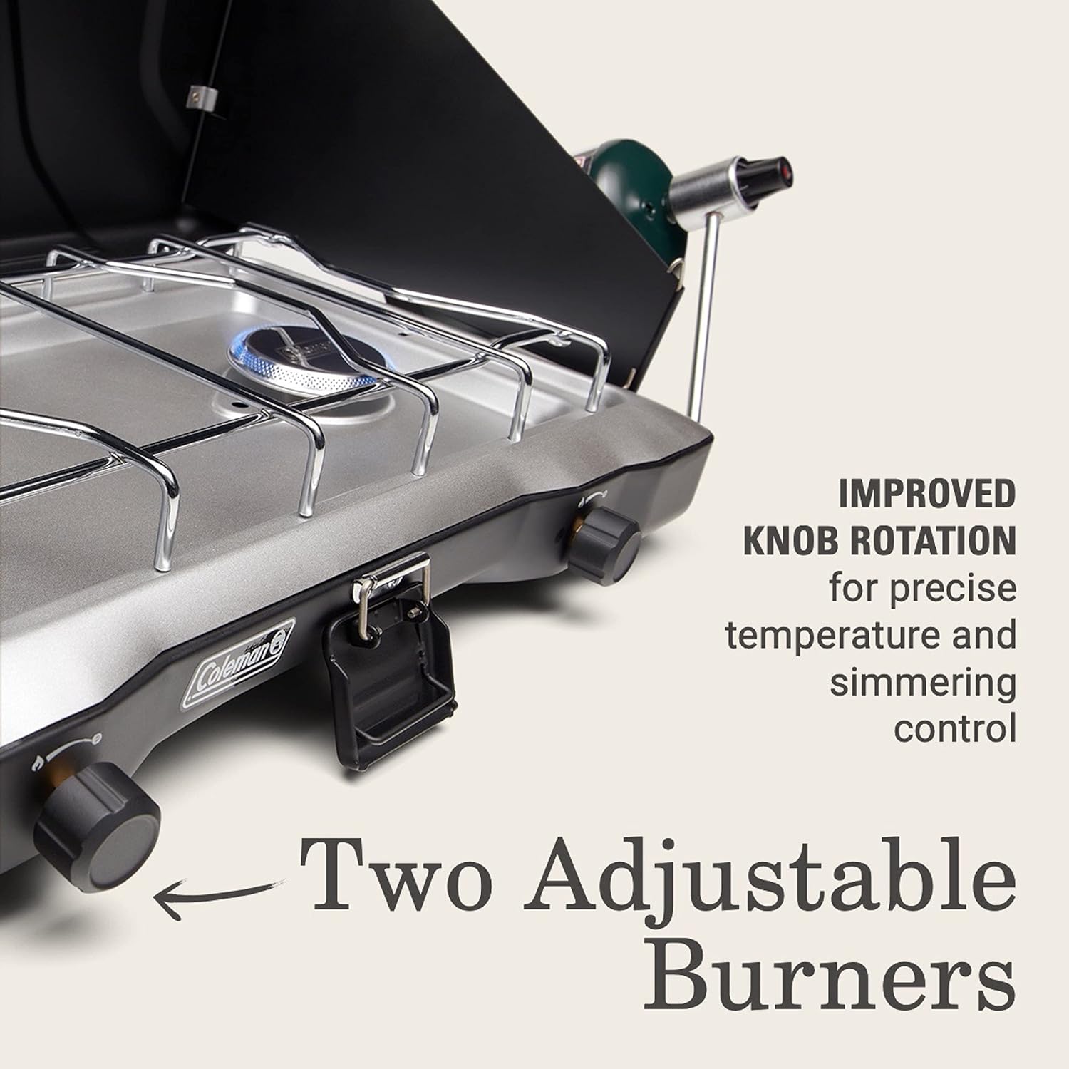 Detalle de Coleman Triton 2-Burner Propane Stove (Portable Camping Cooktop) with Wind Guards