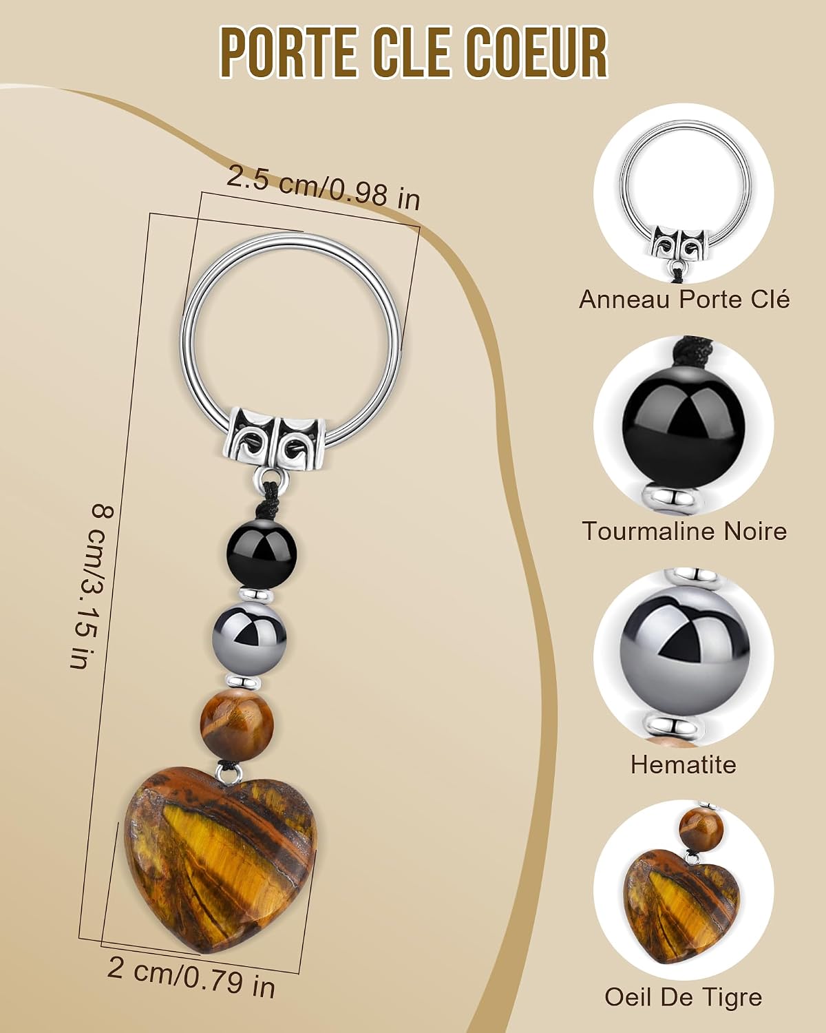 Detalle de Seyaa Cadeau Fete des Peres – Porte-clef Coeur en Œil de Tigre, Pierre Naturelle