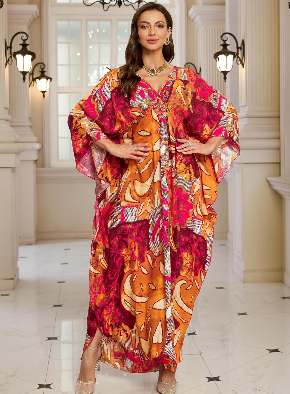 Detalle 2 de Yanziliu Plus Size Kaftan Dress: Floral V-Neck Beach Cover Up