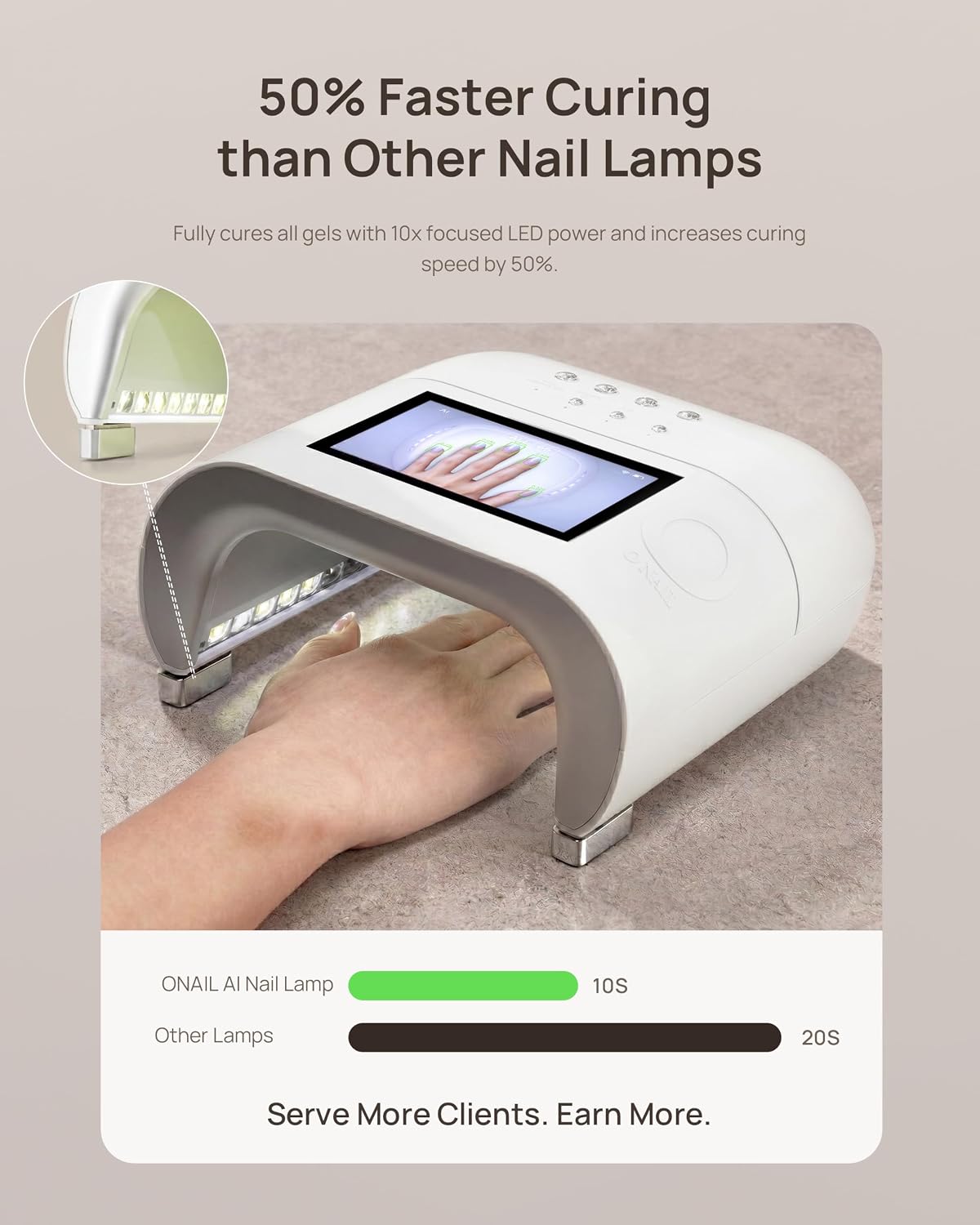 Detalle de ONAIL AI UV LED Nail Lamp for Gel Nails (Cordless, 20,000mAh) — Portable, Smart Curing for Professionals