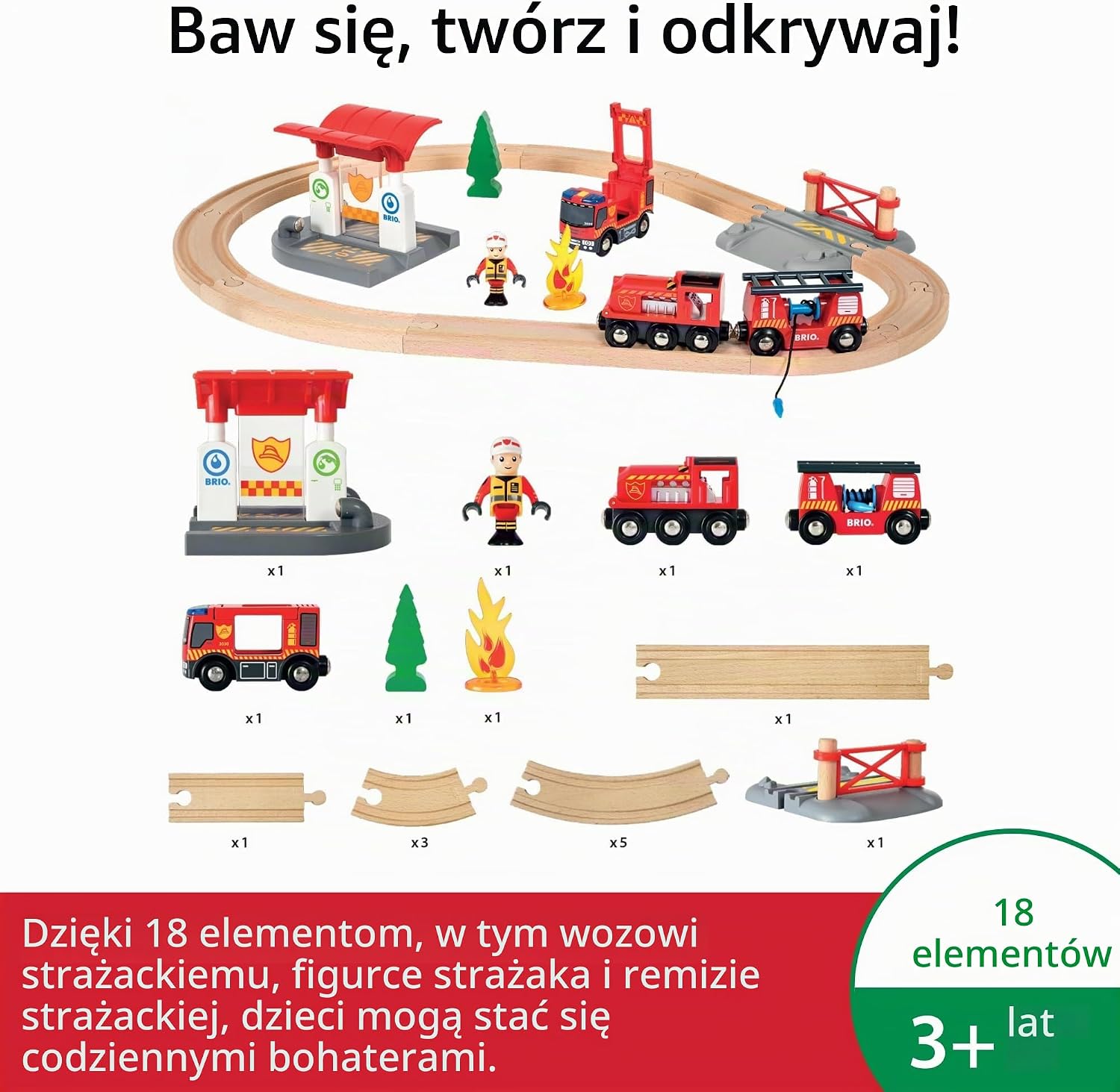 Detalle de BRIO World Rescue Firefighter Set – drewniana kolejka strażacka ze światłem i syreną
