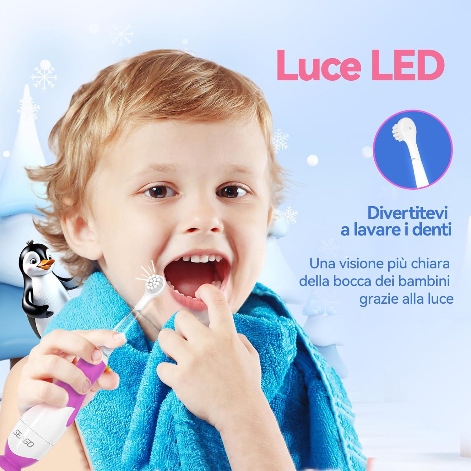 Thumbnail 6 de Seago spazzolino elettrico bambini con timer 2 minuti, luce LED e base aspirante (da 0 a 3 anni)