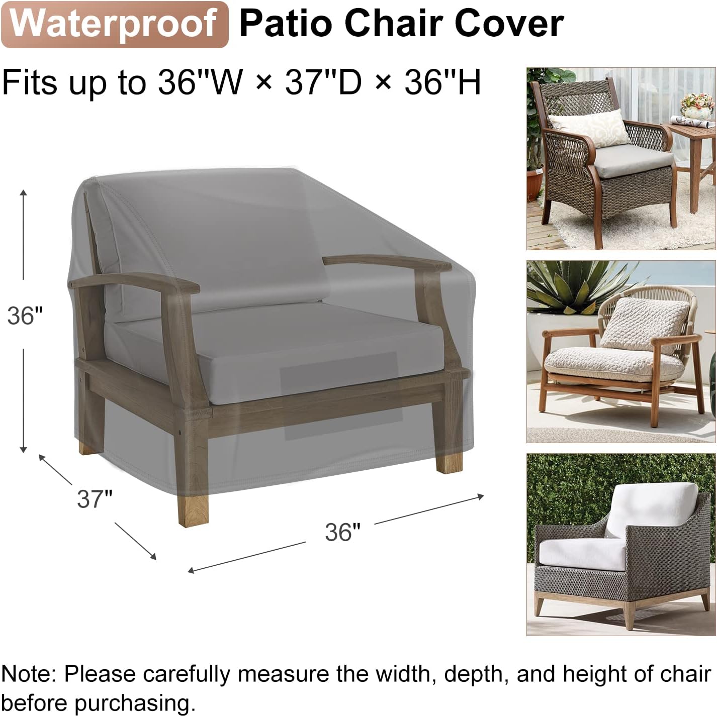 Detalle de Mrrihand 36" x 37" x 36" Waterproof Patio Chair Covers, Black, 2-Pack