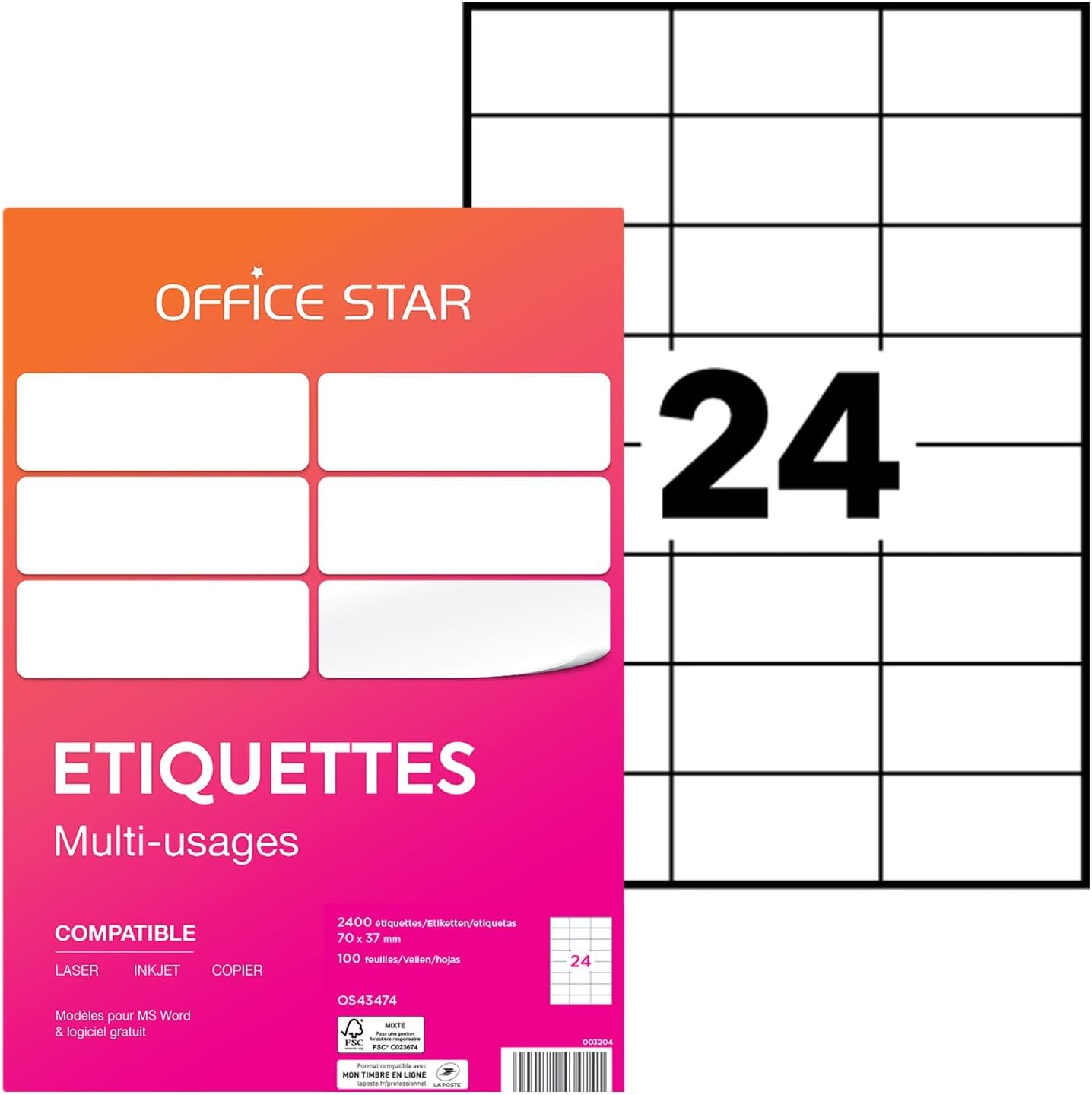 Detalle de OFFICE STAR - 2400 Étiquettes autocollantes blanches personnalisables (70 x 37 mm) pour impression imprimante laser/jet d'encre et copieur