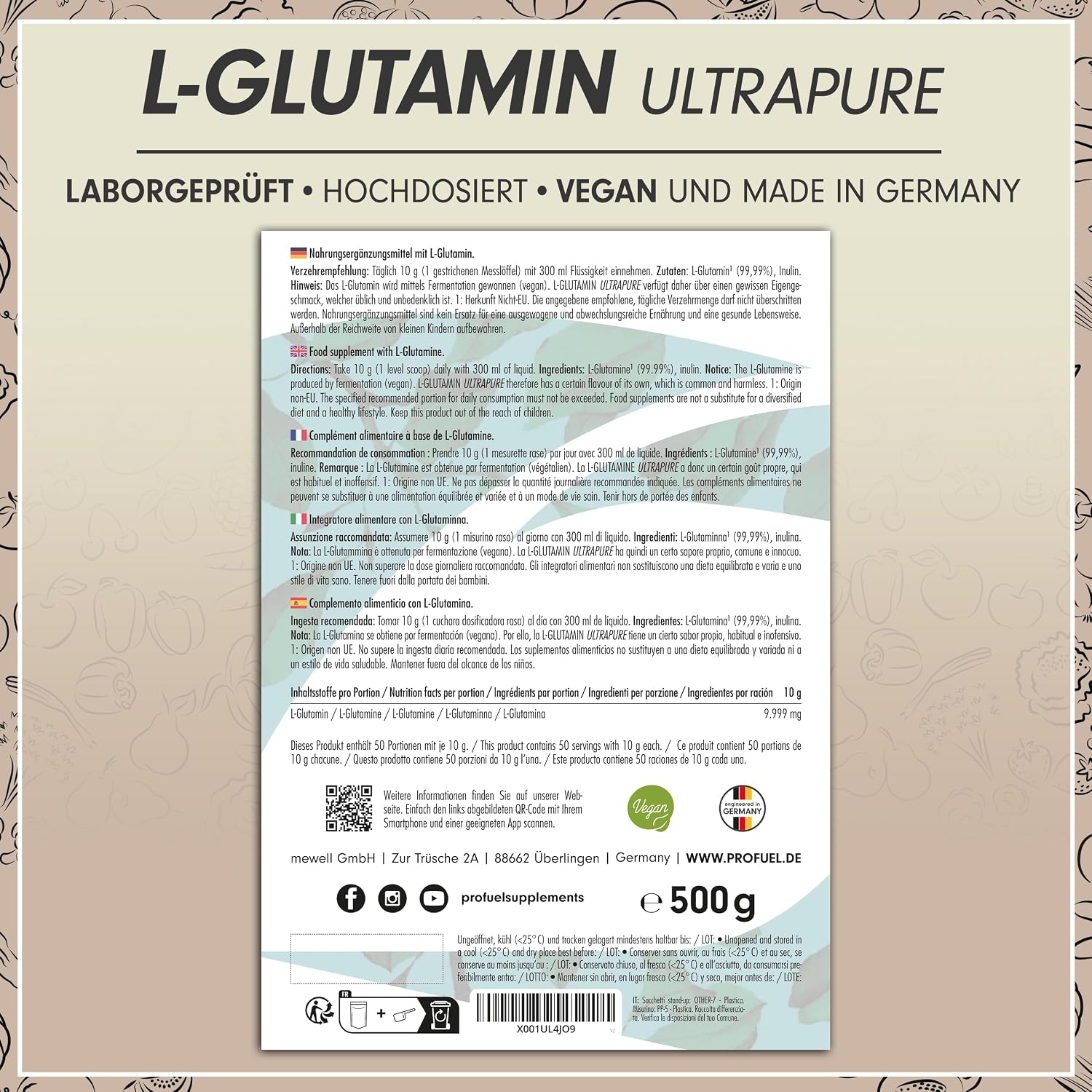 Thumbnail 5 de ProFuel L-Glutamin Pulver 500 g đź’Š