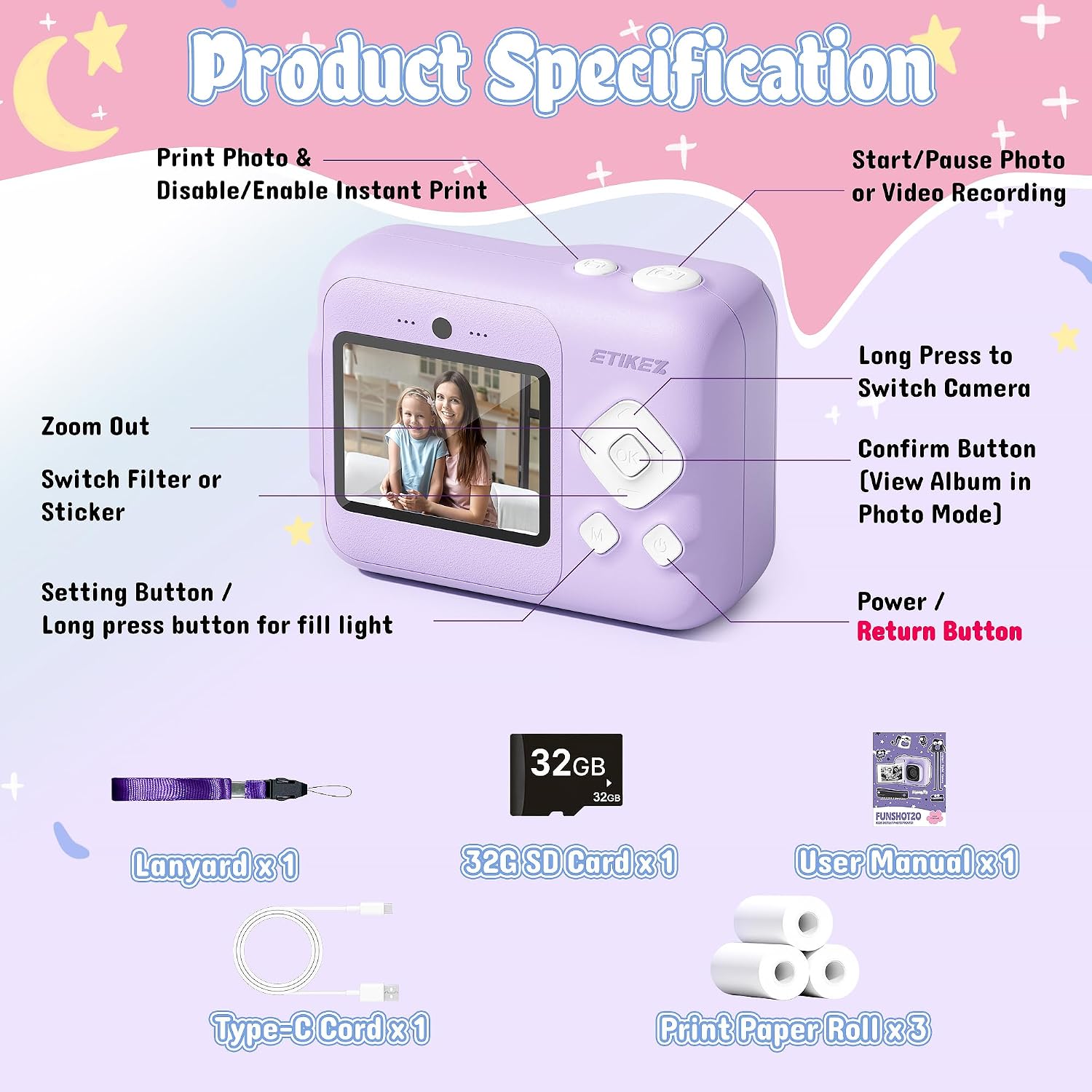Detalle 1 de ETIKEZ Kids Camera 1080P instant print, 32GB