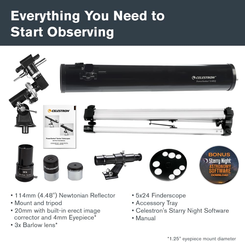 Thumbnail 2 de Celestron 21045 PowerSeeker 114EQ Reflector Telescope – Monture équatoriale, entrée