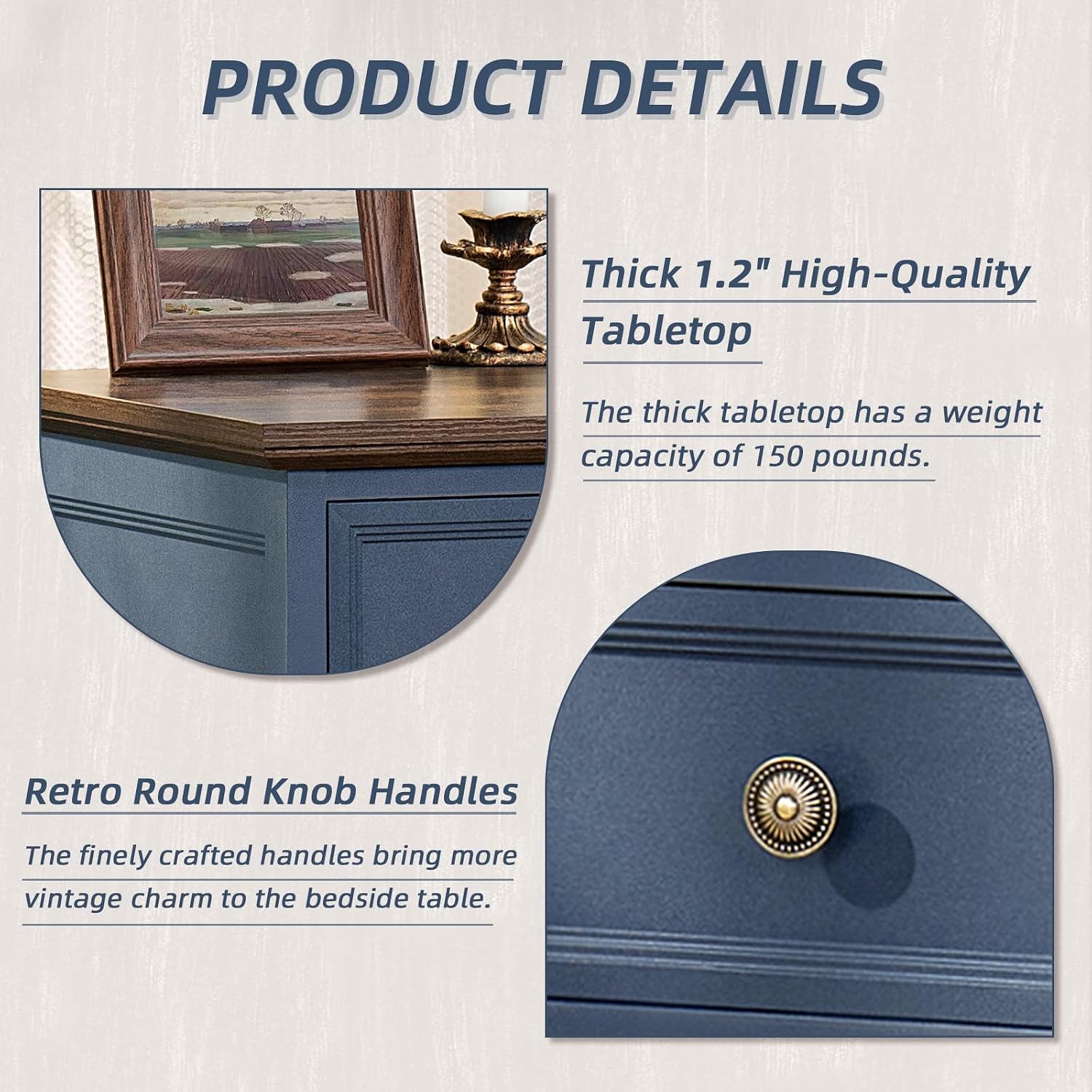 Thumbnail 6 de Joaxswe Model 1 Farmhouse Nightstand Set of 2, Navy Blue, 3 Drawers