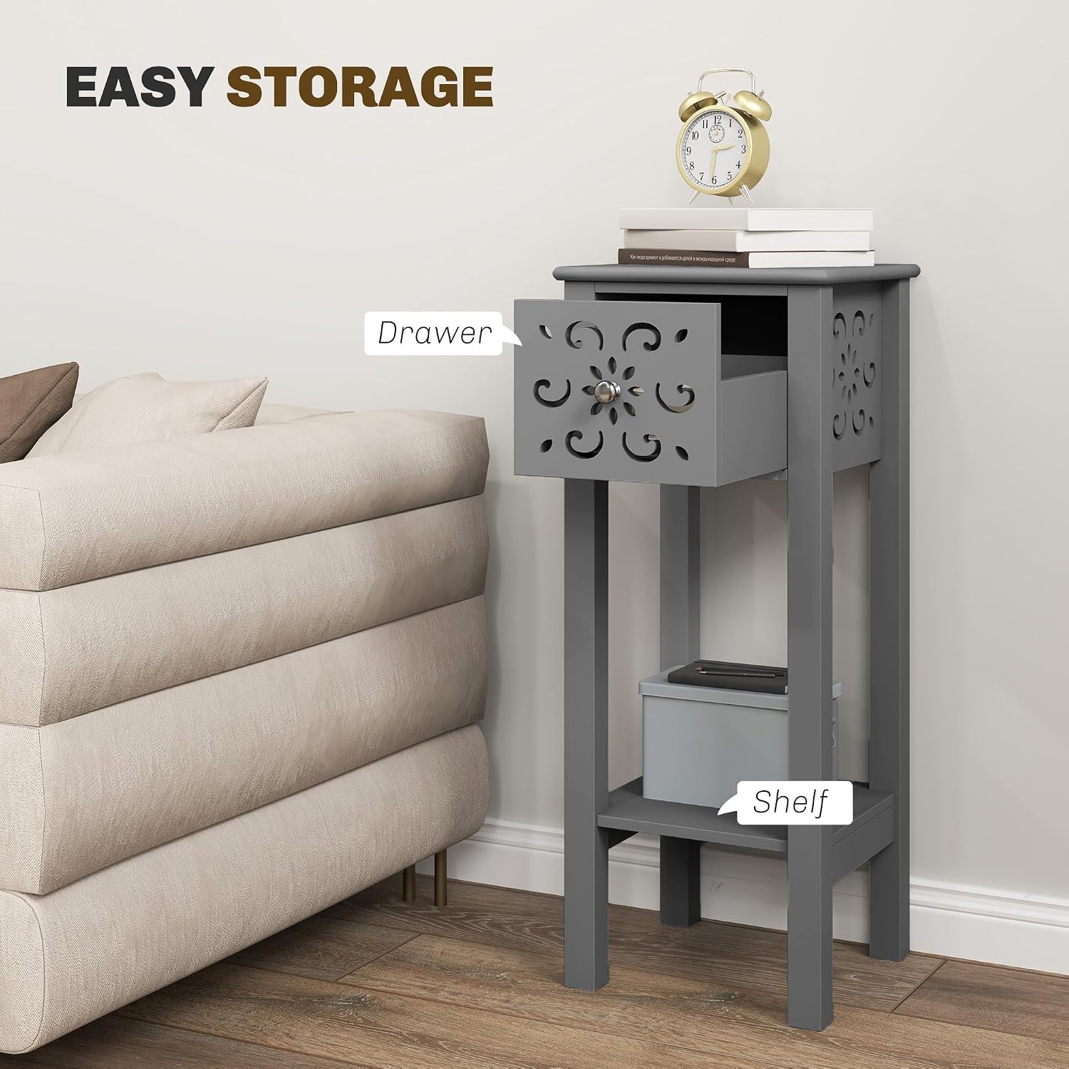 Detalle 1 de HOMCOM 83B-178V80GY Side Table Set of 2, Grey, Floral Cut-Out, Drawer & Shelf