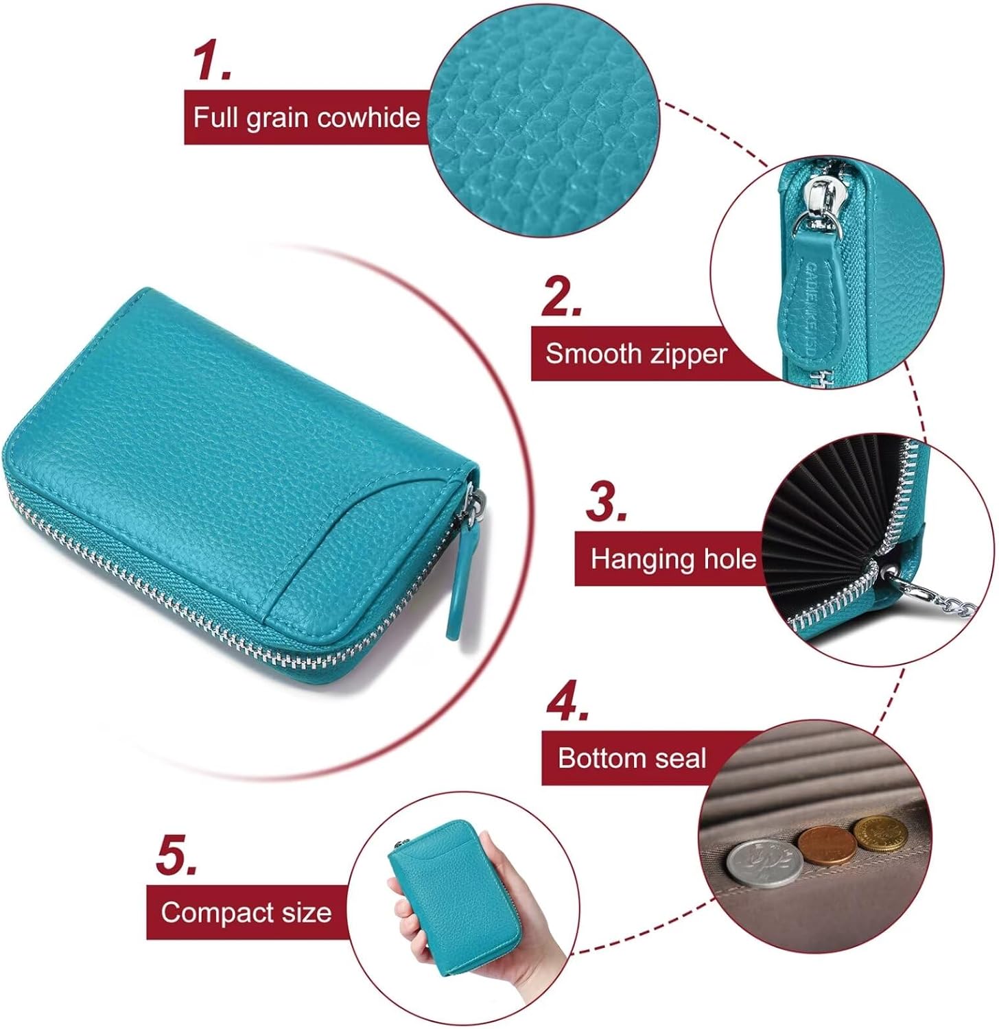 Thumbnail 5 de GADIEMKENSD RFID Blocking Credit Card Holder with Zipper – Sky Blue Genuine Leather Wallet
