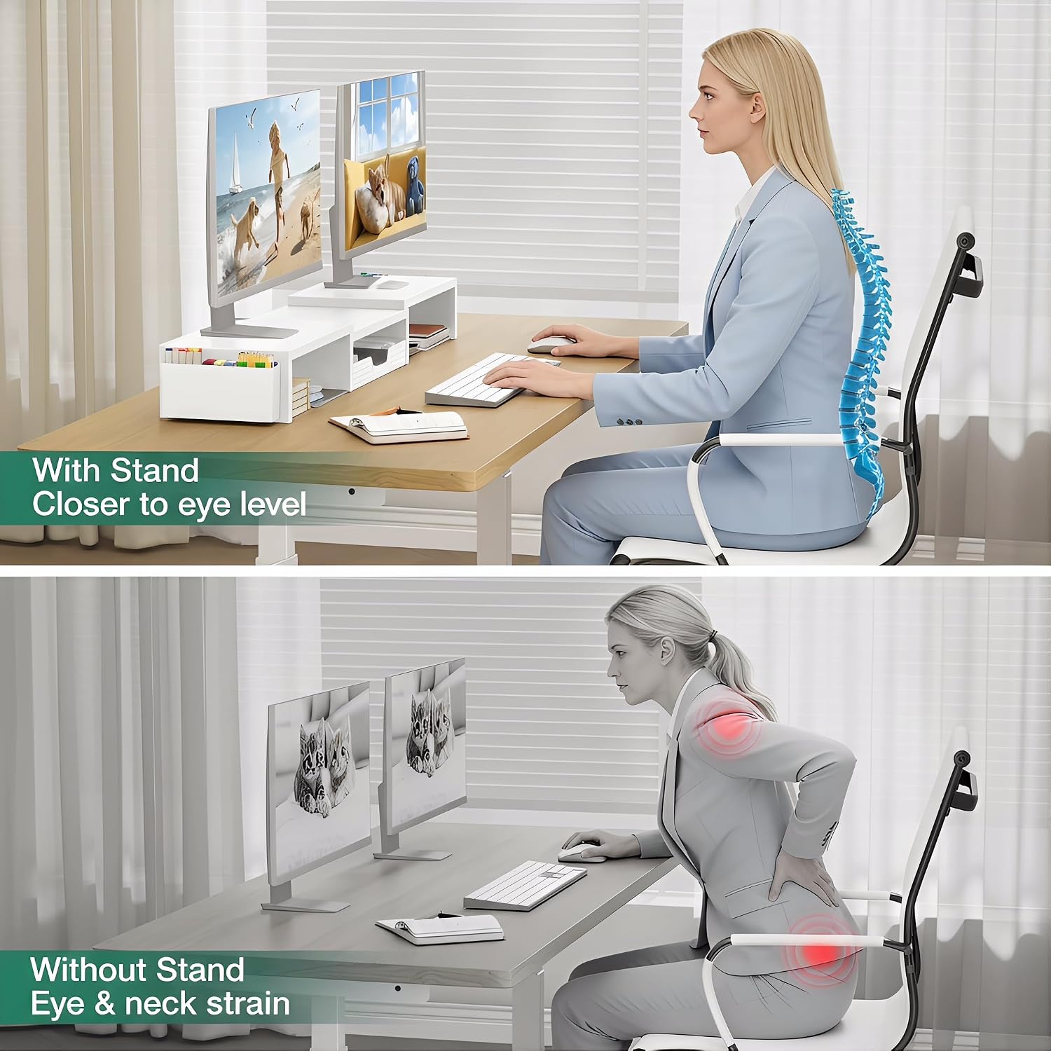Thumbnail 3 de OPNICE Desk Organizer Monitor Stand with Drawer, 2 Pen Holders, White