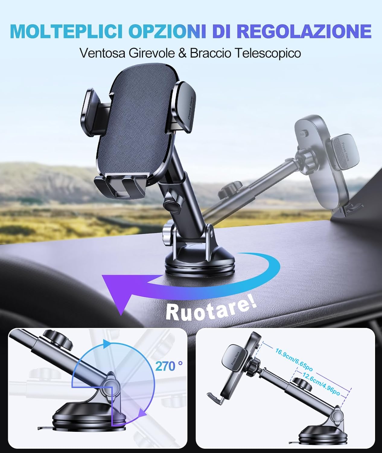 Thumbnail 6 de CIRYCASE Porta Cellulare Auto con ventosa extra-larga 360° ruotabile per smartphone 4–7