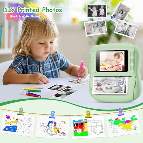 Detalle 2 de Hangrui Cámara Fotos Infantil Instantánea 1080P con Tarjeta 32GB, Papel + Bolígrafos de Colores – Verde