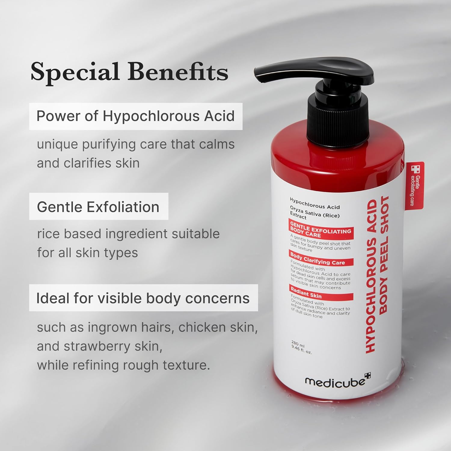 Detalle de Medicube Body Peel Shot mit Hypochlorous Acid – Sanftes Exfoliator-Serum für Hauttextur und Feuchtigkeit
