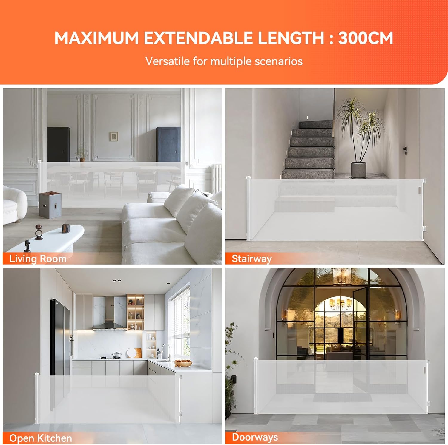 Thumbnail 5 de Muaket Barrière de Sécurité Rétractable 0–300 cm Très Large — Porte Bébé et Animaux (Blanc)