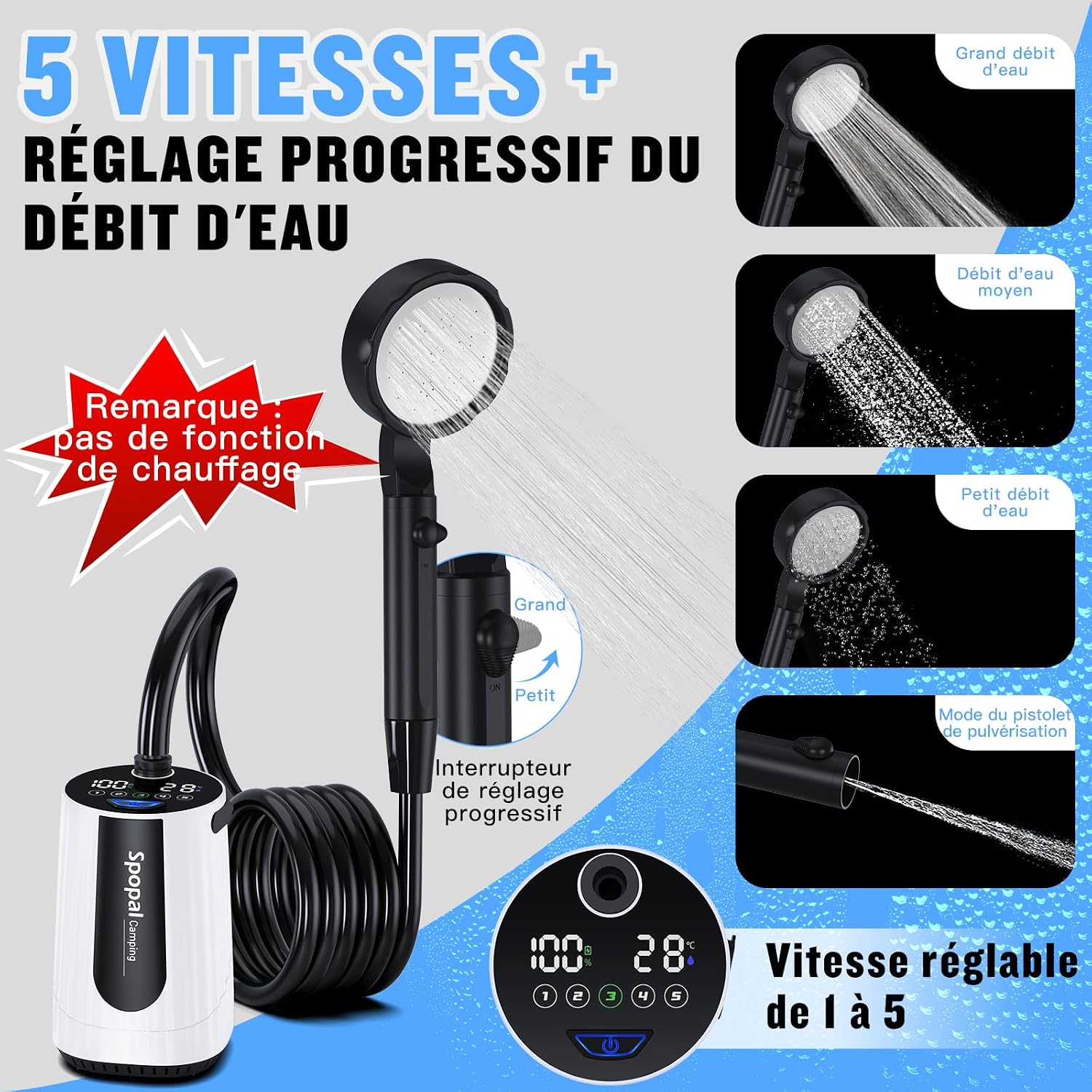 Detalle de Spopal draagbare campingdouche met pomp, ledscherm en batterij van 10.000 mAh