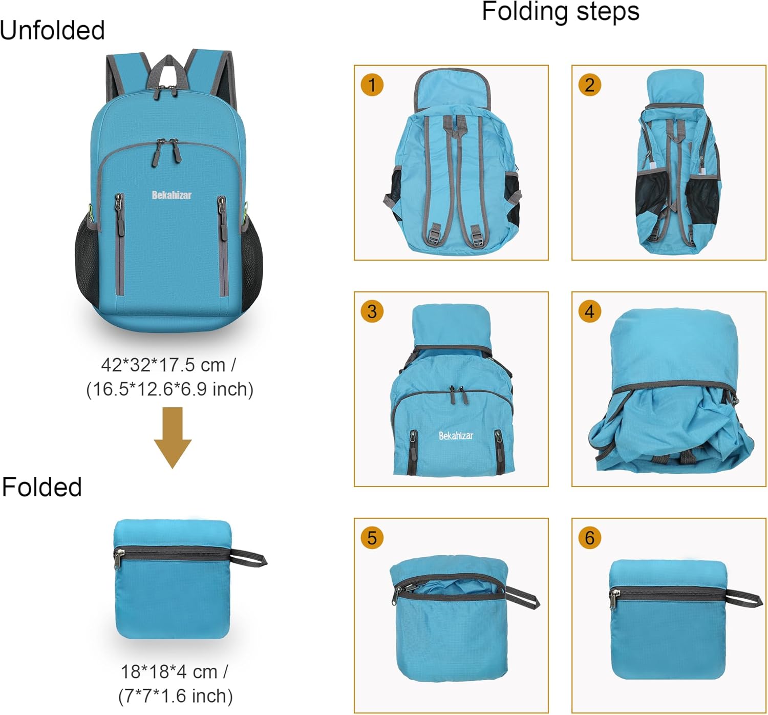 Thumbnail 2 de Bekahizar 20L Ultra Lightweight Backpack Foldable Daypack (Blue)