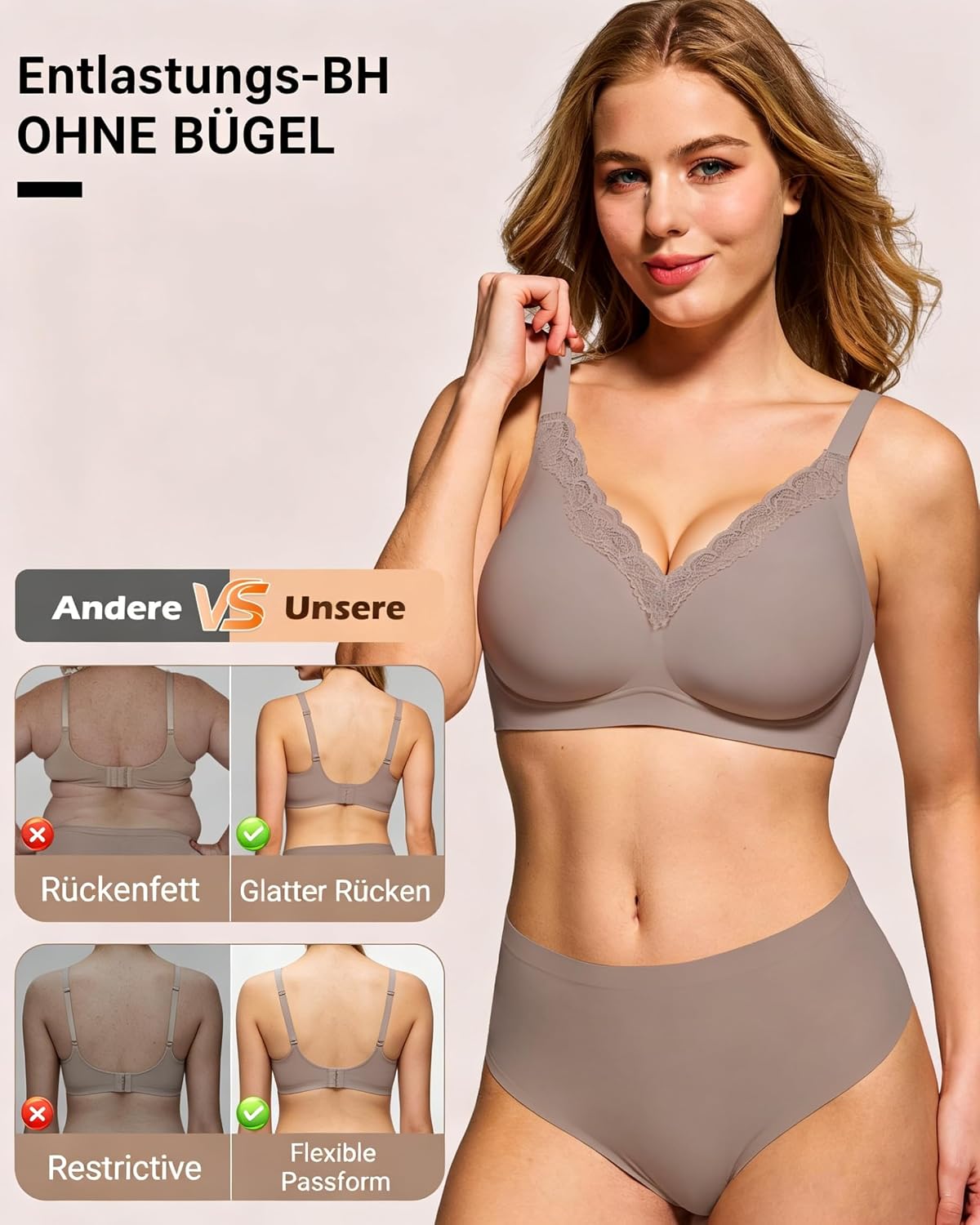 Thumbnail 4 de HORISUN BH Damen ohne Bügel mit V-Ausschnitt und Spitzenbesatz – nahtlos, sanfter Halt und vielseitig einsetzbar