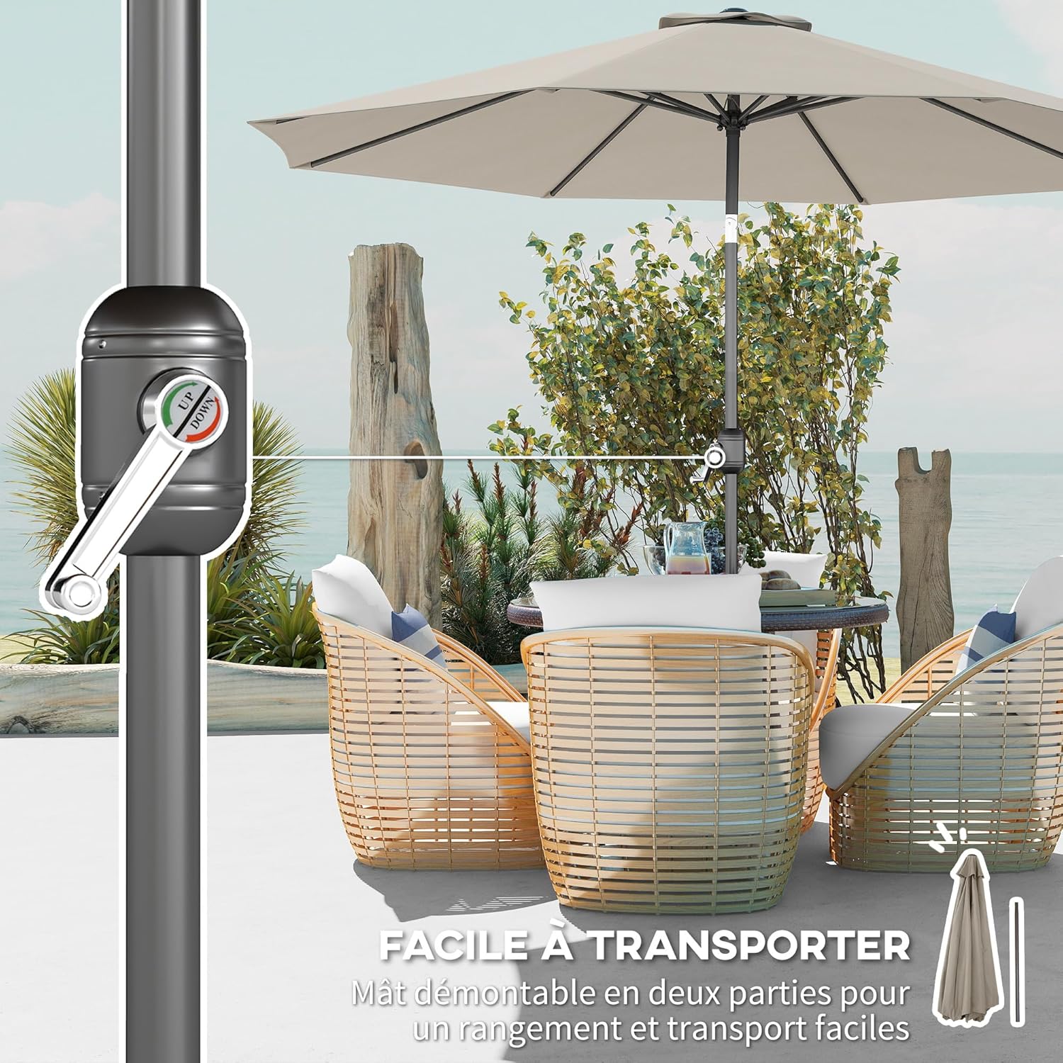 Thumbnail 4 de Outsunny Parasol de jardin extérieur droit inclinable Ø 2,95 m – Gris clair, métal et toile 180 g/m²