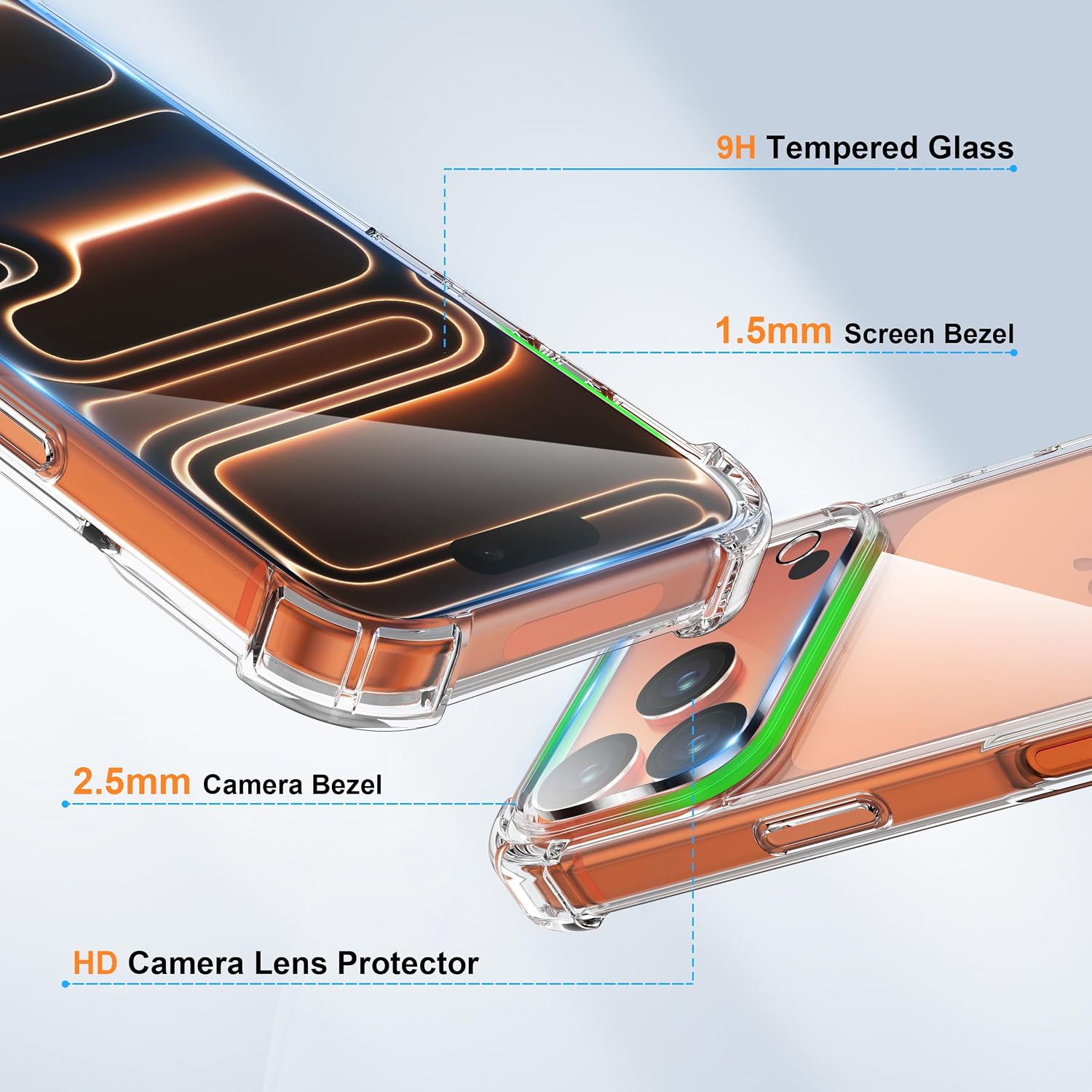 Detalle de ORETECH 4 in 1 Cover per iPhone 17 Pro 6,3'': protezione completa con vetro temperato e cover fotocamera