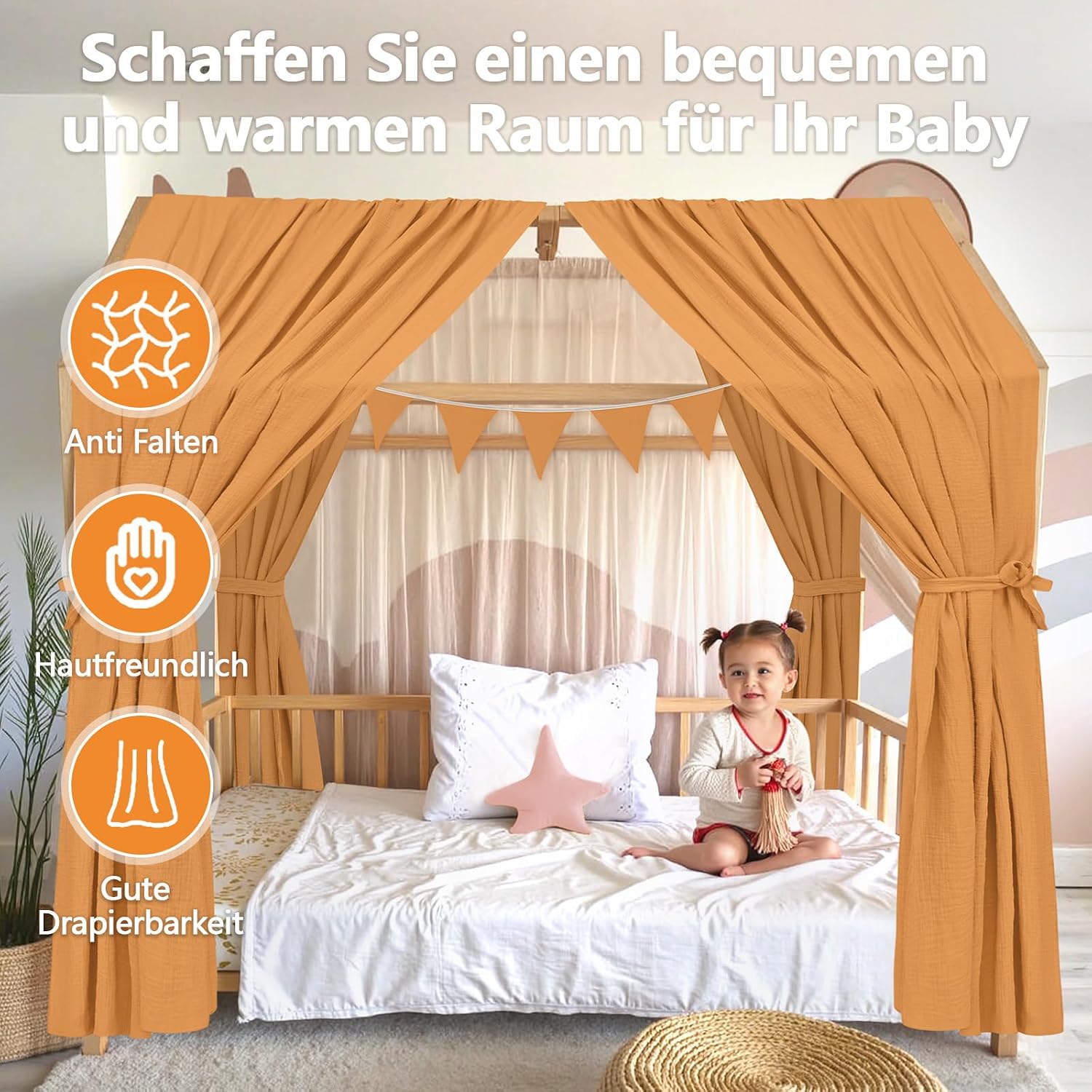 Thumbnail 1 de Alishomtll Hausbett Himmel Set – 2 Betthimmel 67x320cm + Wimpelkette, Senfgelb