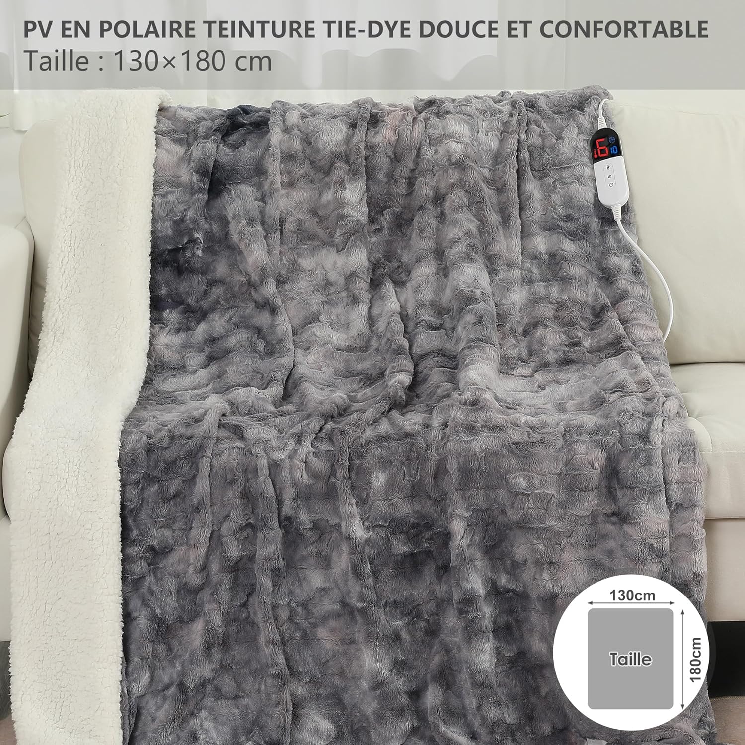 Thumbnail 1 de COZYTY Couverture Chauffante 130×180 cm en polaire tie-dye gris-noir, 6 niveaux de chaleur, minuterie 10 h