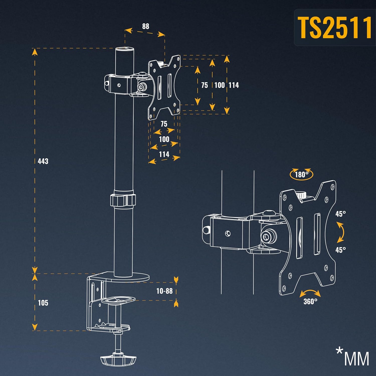 Detalle 2 de RICOO TS2511 – uchwyt biurkowy do monitora 13–30 cali, VESA i regulacja