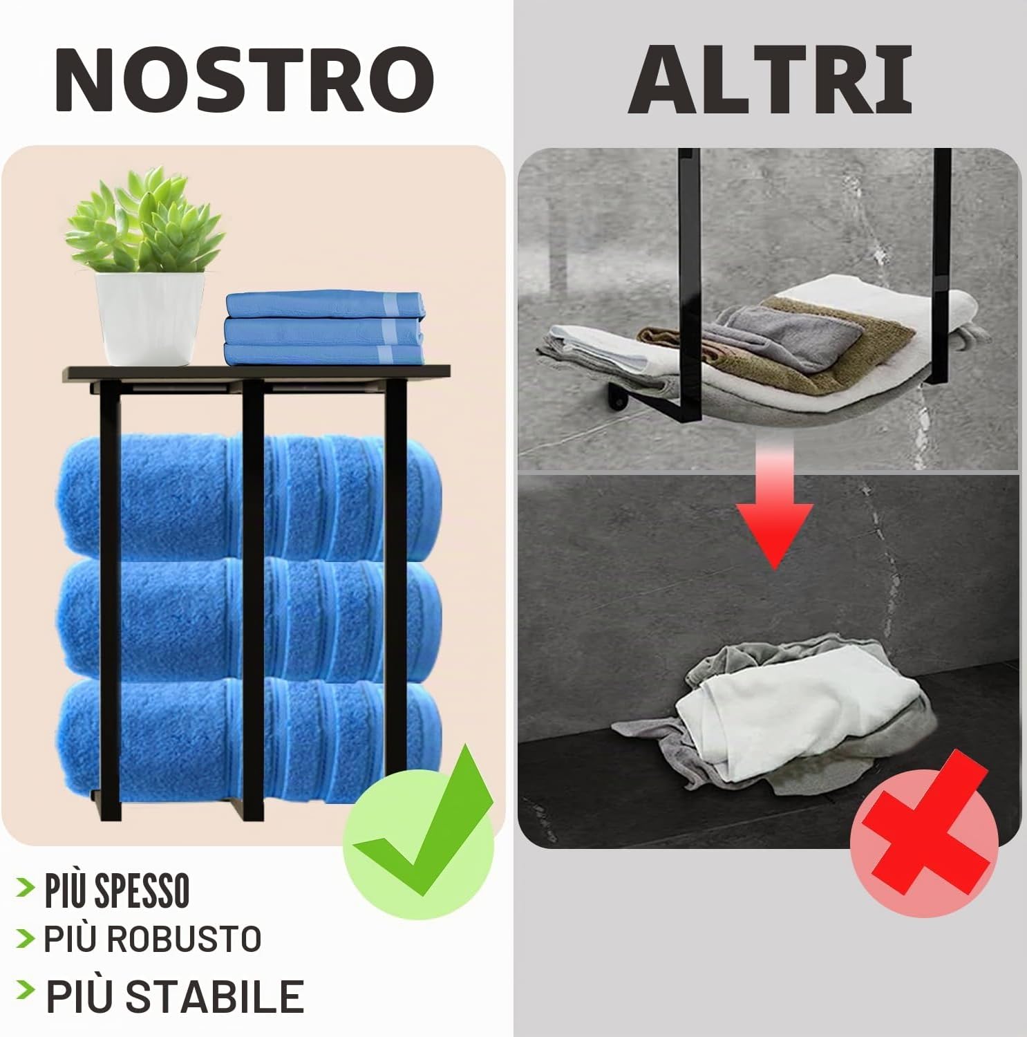 Detalle 2 de Portasciugamani da parete con ripiano e contenitore – 3 barre in ferro, portata 25 kg, design MDF