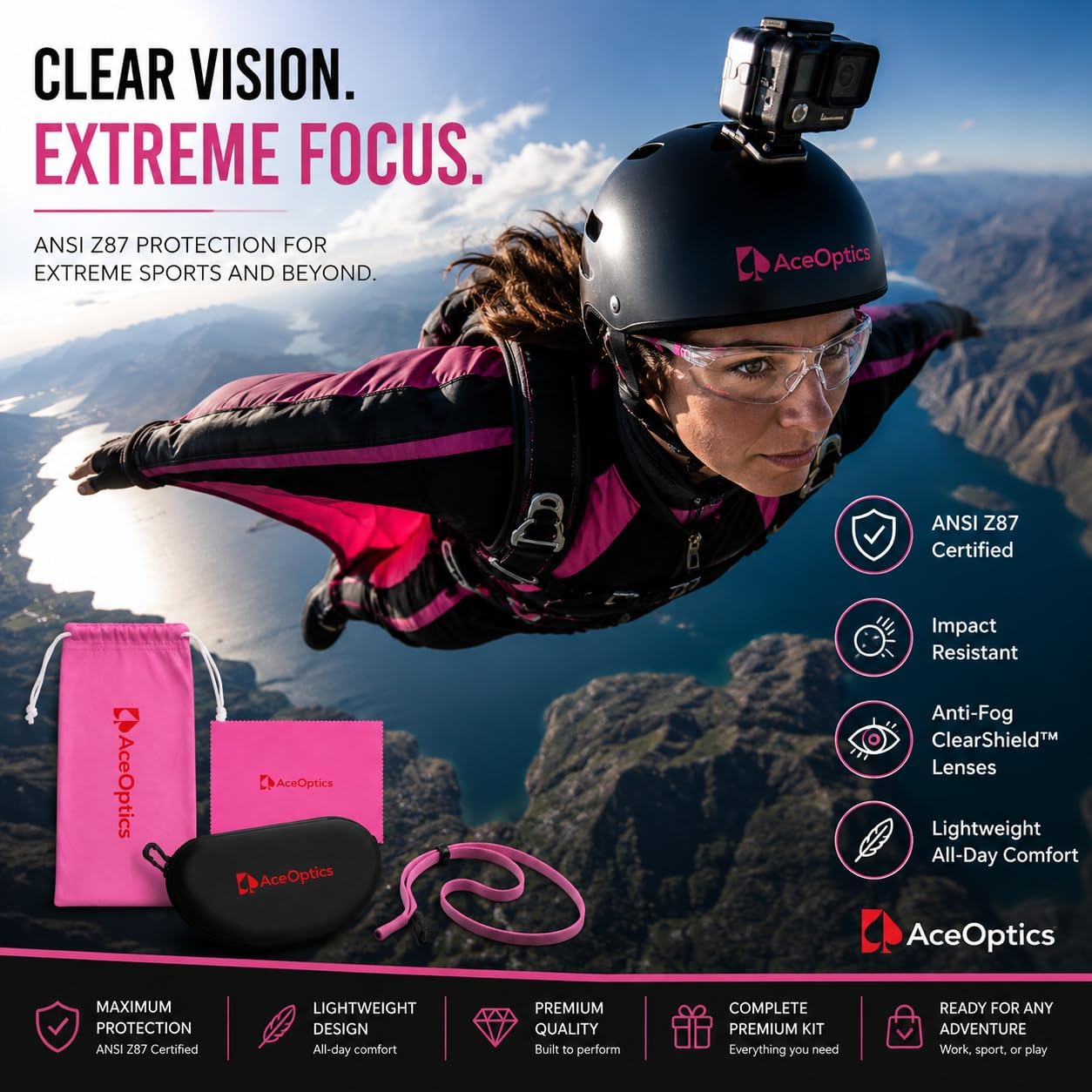 Detalle de AceOptics 男女兼用保護メガネ ANSI Z87対応、ClearShield曇り止めレンズ・ストラップ付きセット