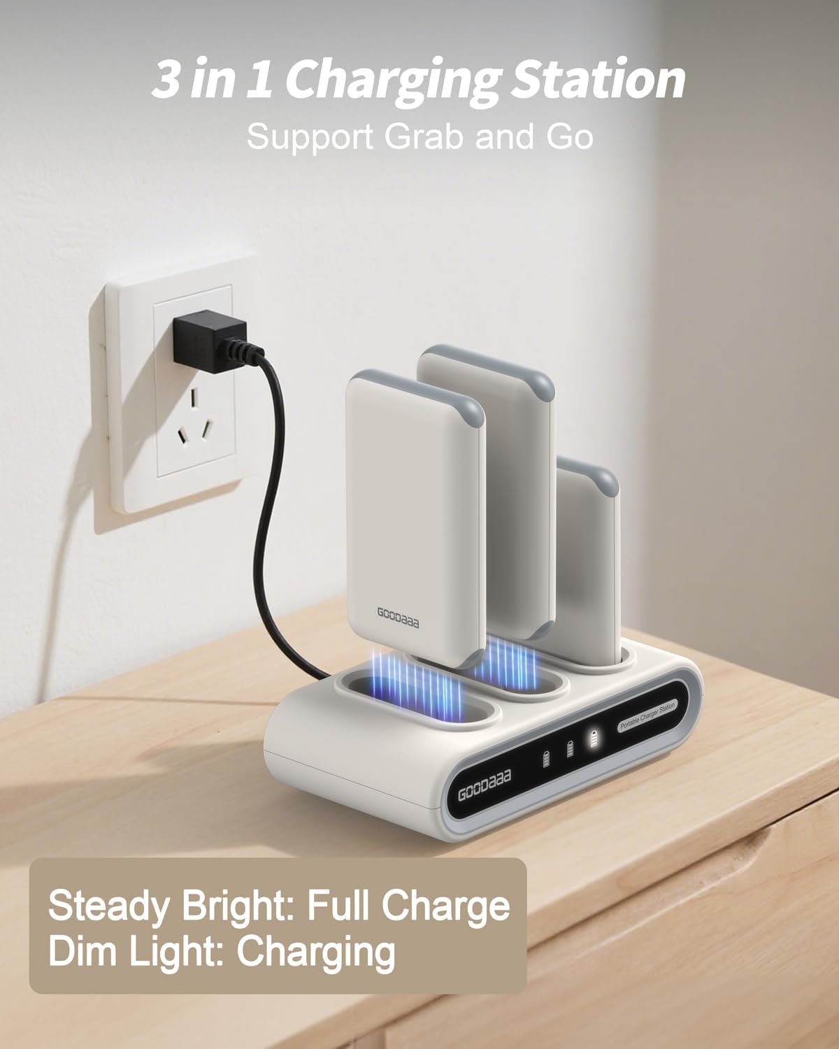 Detalle 2 de GOODaaa 3-Pack 10000mAh Power Banks with Charging Dock and Built-In Cables
