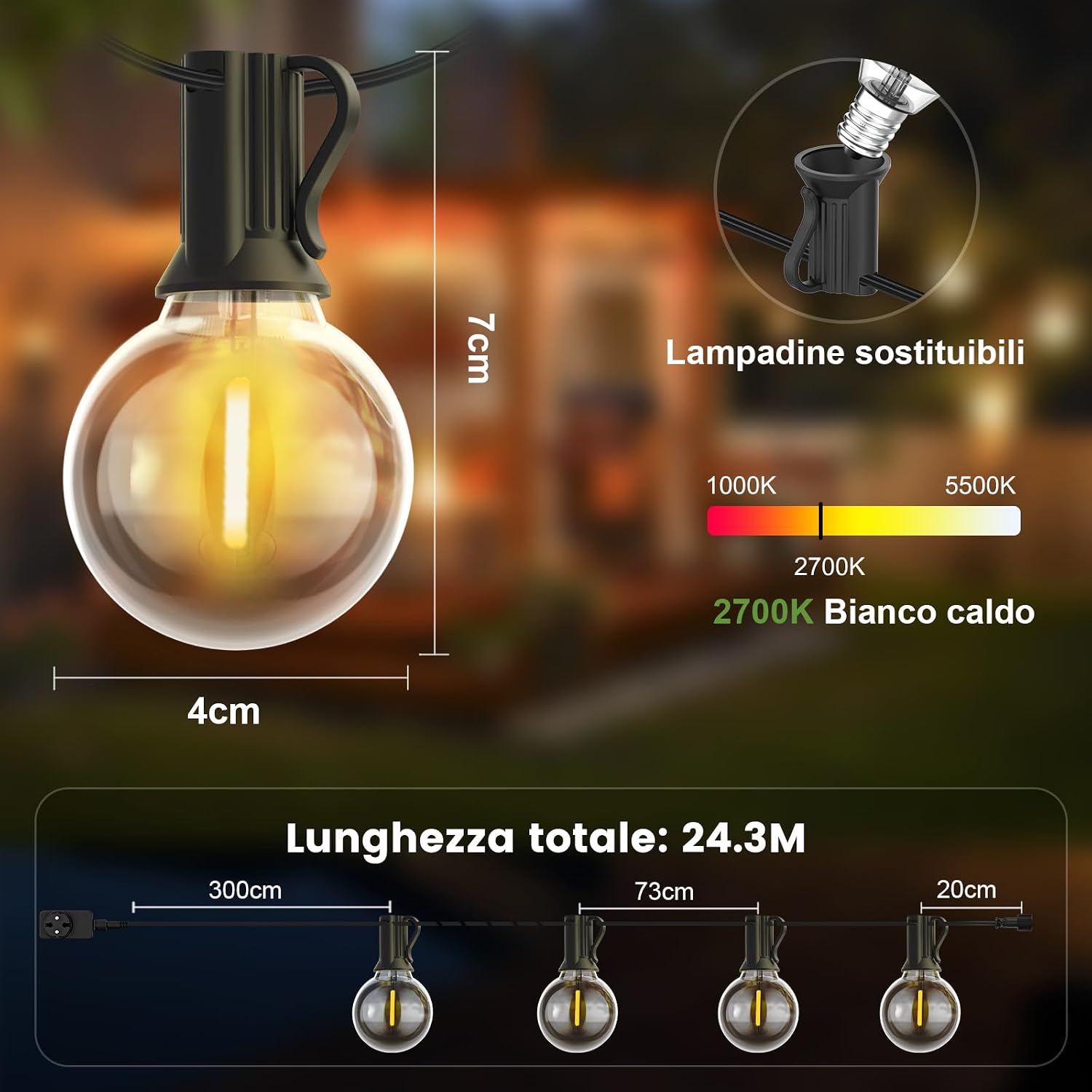 Detalle de Yuusei Catena Luminosa Esterno 24,4M con Telecomando – Luci LED G40 IP45