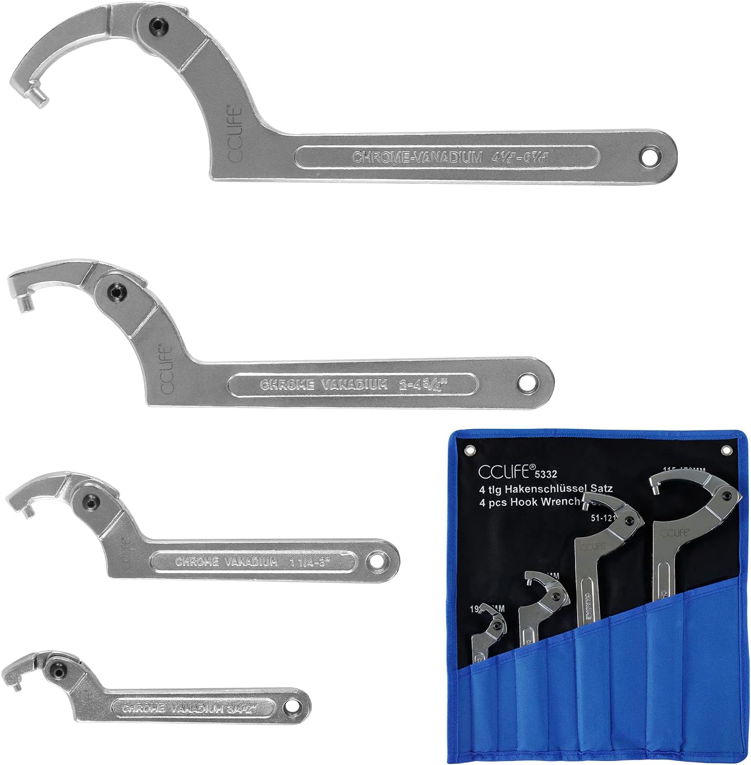 Clé à ergot articulée CCLIFE 4 pièces pour écrous à encoches latérales – CR-V 19-170 mm