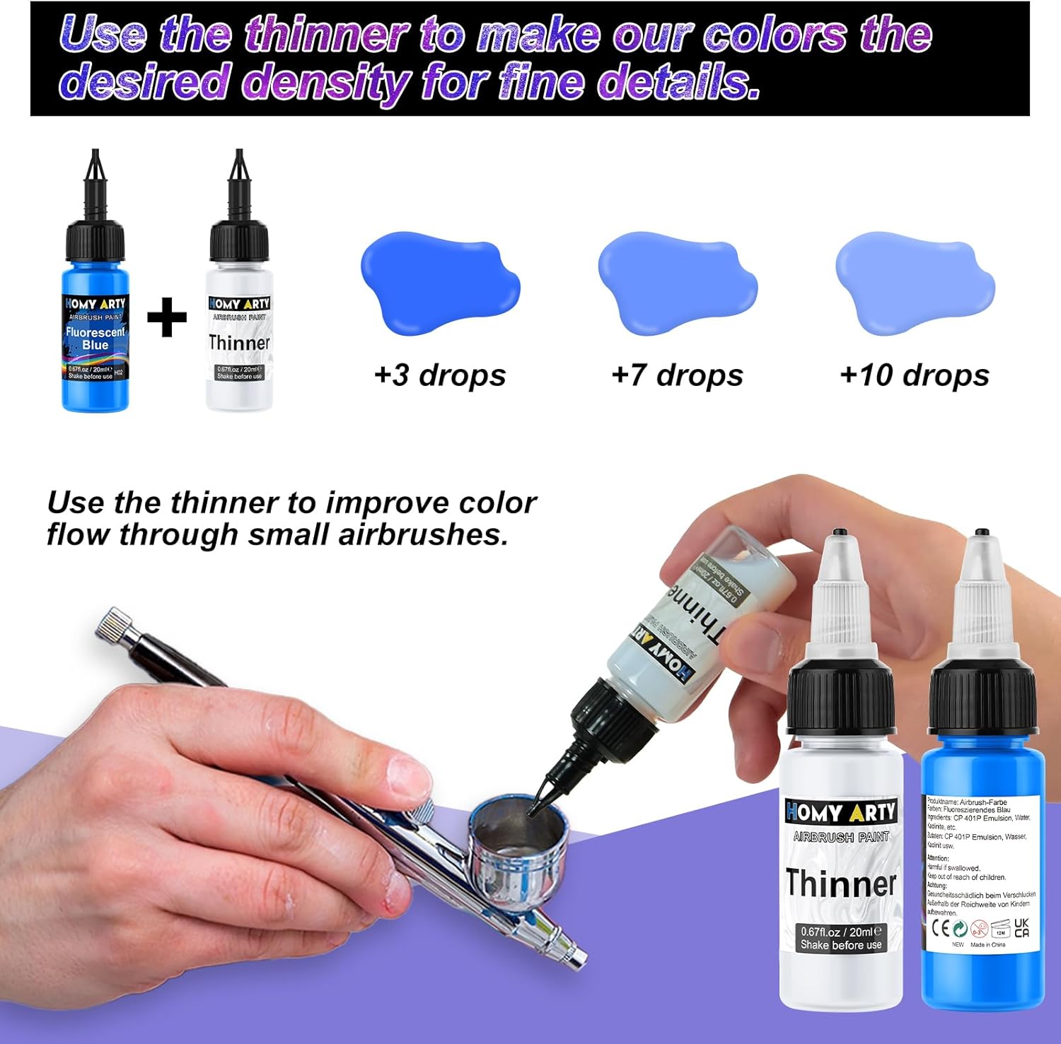 Thumbnail 3 de HOMY ARTY Peinture à L'aérographe – 43 couleurs et 5 diluants, set complet pour miniatures, modèles et surfaces variées