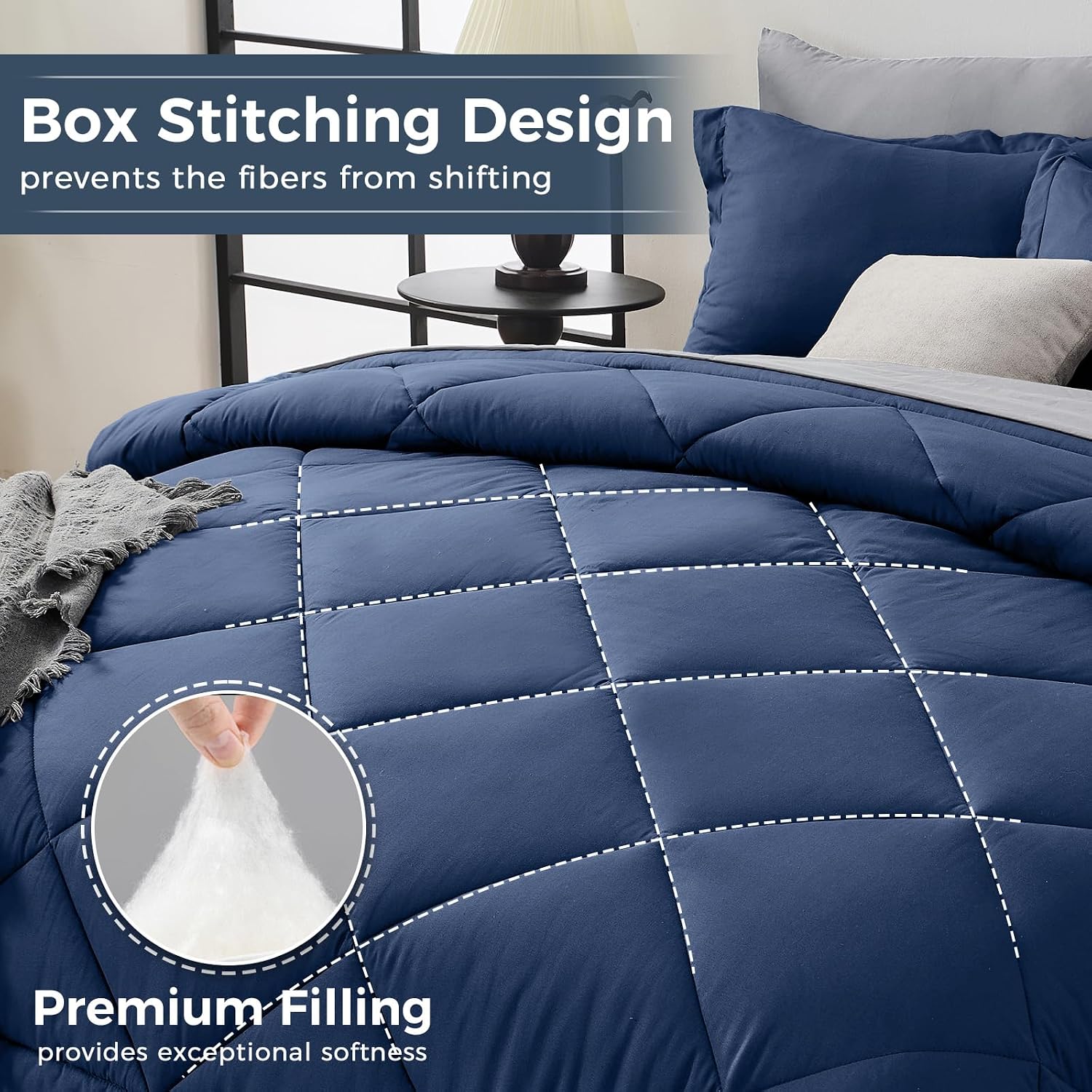 Thumbnail 3 de HEVUMYI Queen Comforter Set - 7-Piece All Season Bed in a Bag (Navy Blue & Light Grey)