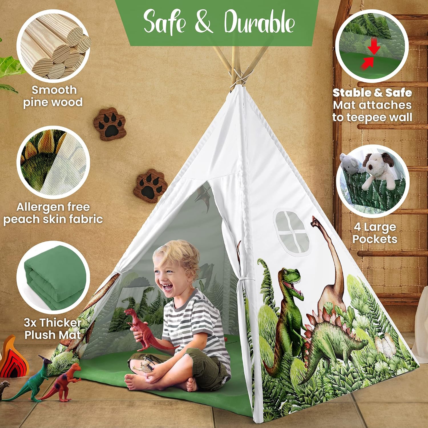 Detalle de W&O Dinosaur Discovery Teepee with Roar Button, LED Lights & Plush Mat