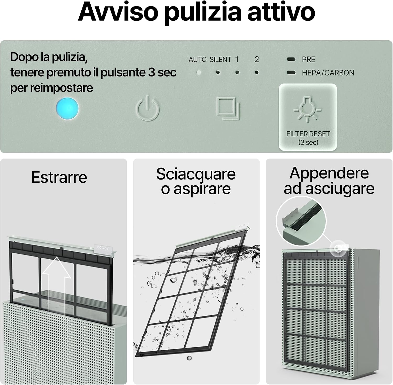 Detalle de Coway purificatore d’aria per casa e camera: Airmega 150, silenzioso e affidabile
