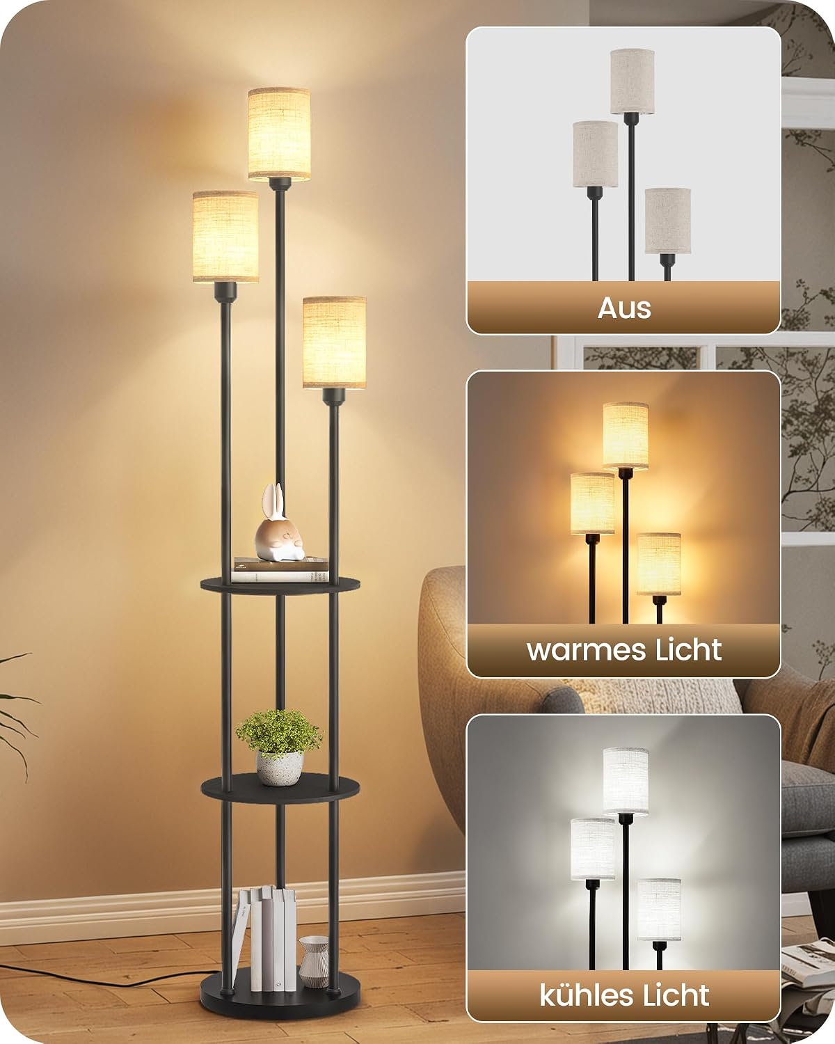 Detalle de GOEBLESON Stehlampe Wohnzimmer mit Ablage – 3‑flammige Regal-Stehlampe ZE53LDD05, retro schwarz/beige
