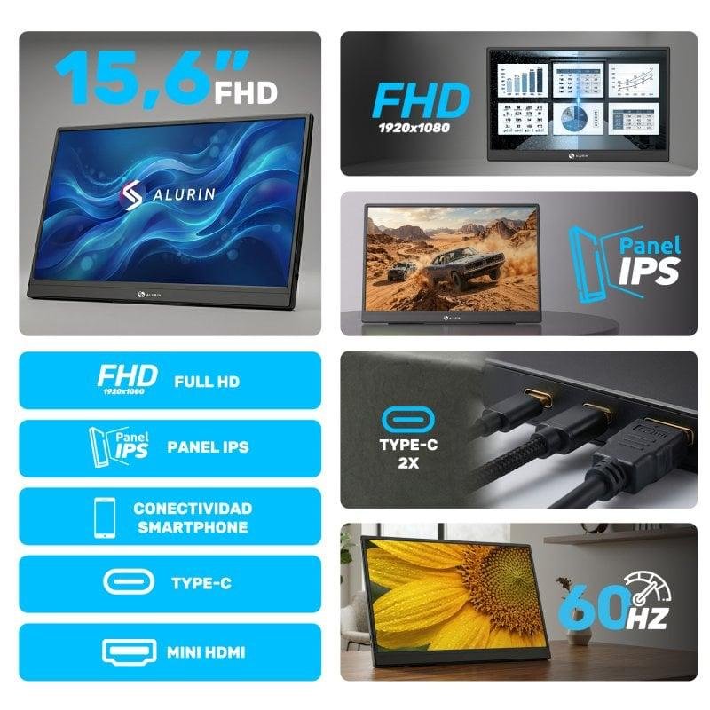 Detalle de Monitor Portátil Alurin CoreVision Air IPS FHD 15,6" con funda