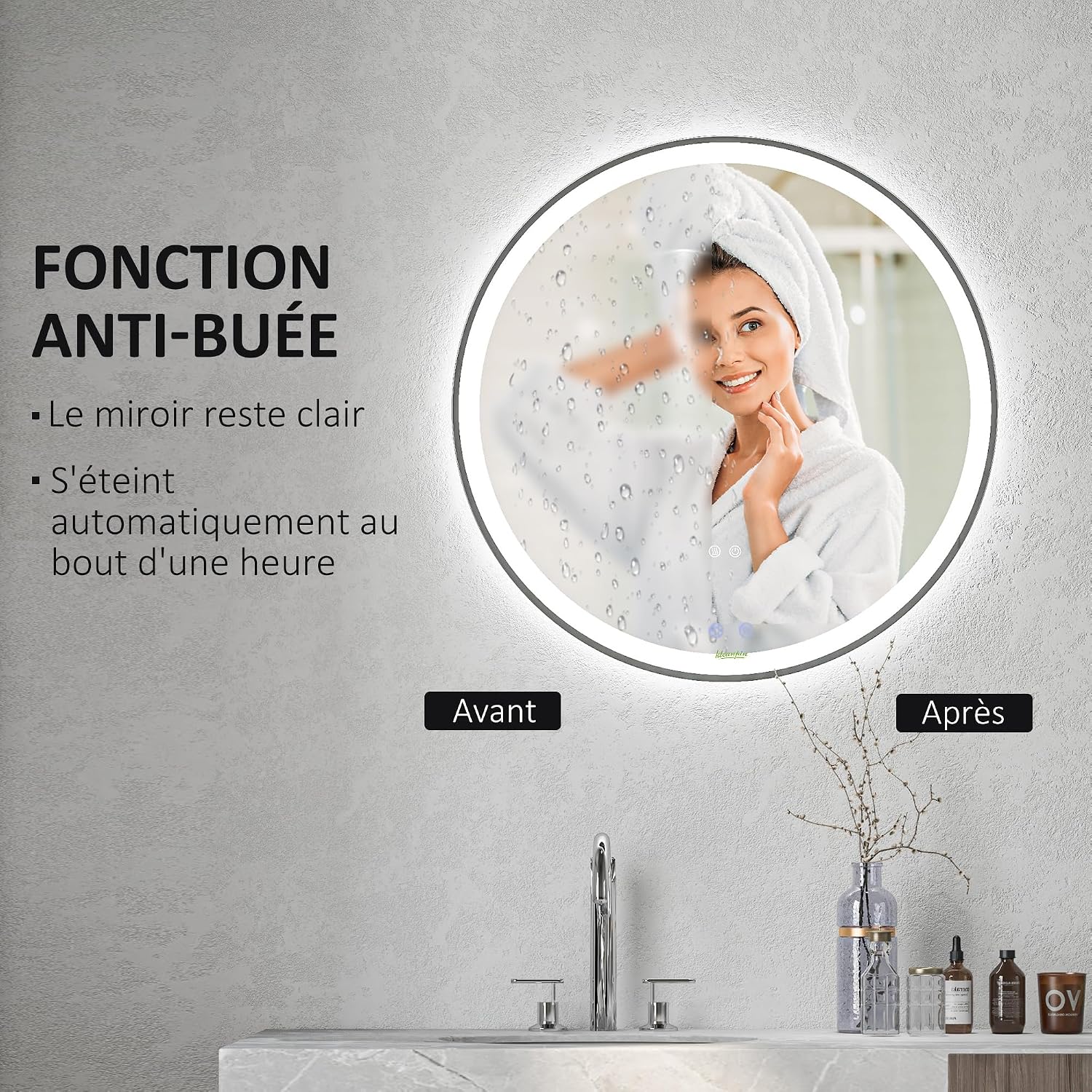 Detalle de kleankin Miroir de salle de bain rond Ø 80 cm avec éclairage LED et anti-buée
