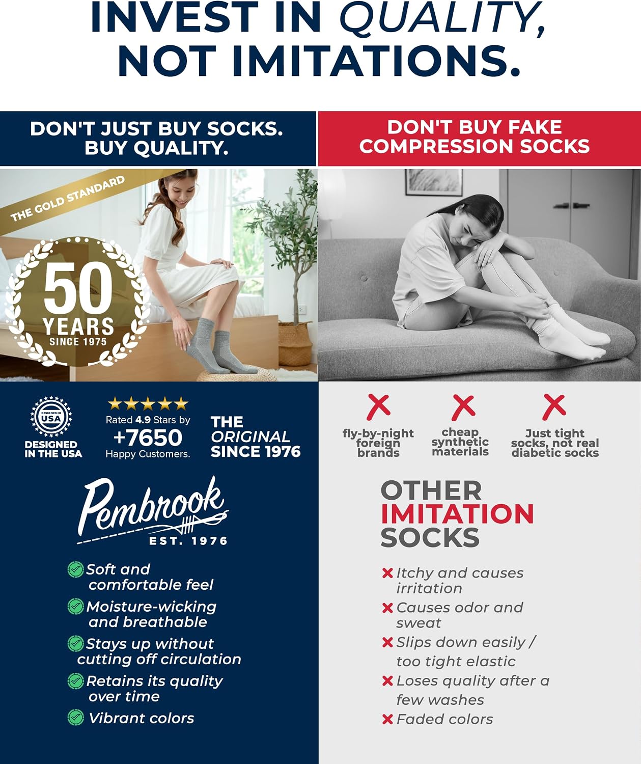 Detalle de Pembrook Ankle Diabetic Socks for Women & Men — 6 Pairs, Wide Non-Binding Quarter Length with Bamboo Comfort
