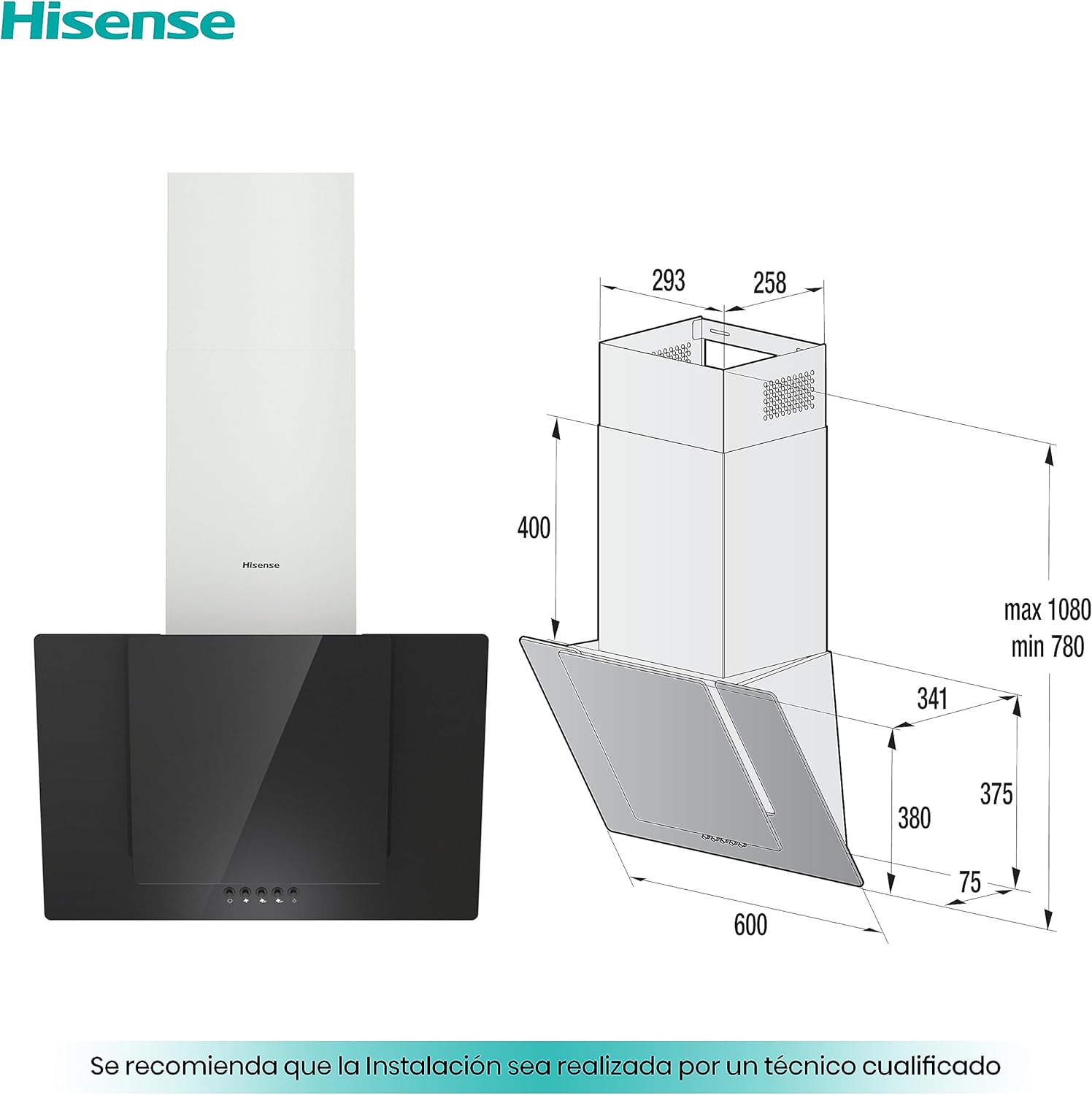 Detalle de Hisense CH6IN6BXBG: Campana decorativa de 60 cm con extracción de 650 m³/h y iluminación LED