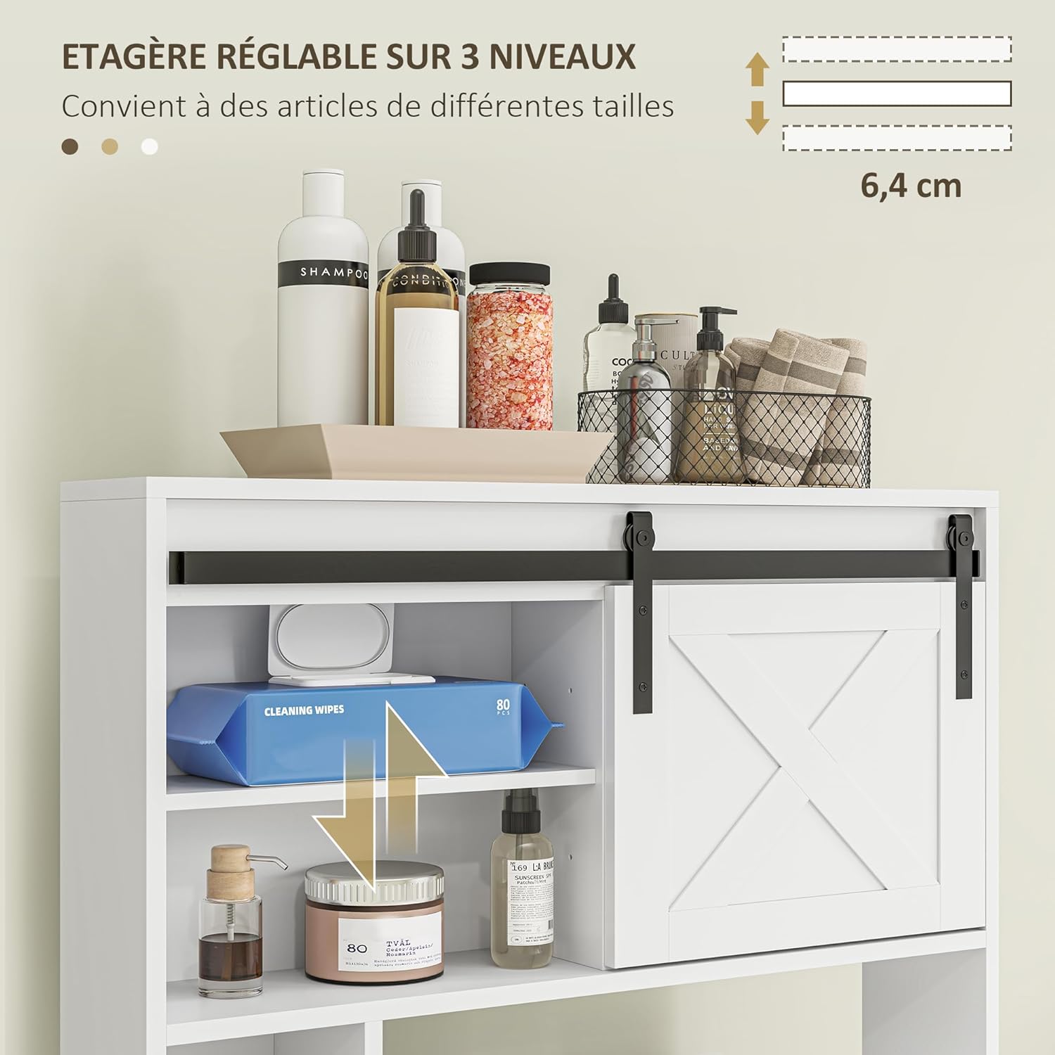 Thumbnail 5 de HOMCOM Meuble WC au-dessus des toilettes avec porte coulissante et étagère réglable, blanc