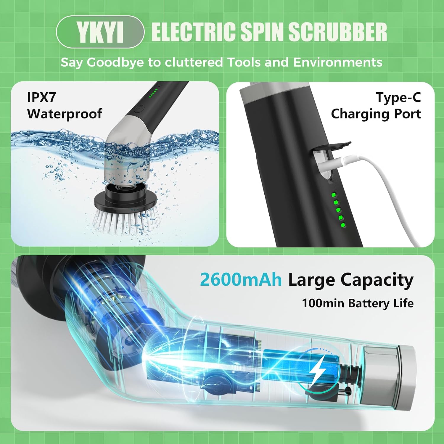 Thumbnail 3 de YKYI QJS8051B Electric Spin Scrubber, 8 Brush Heads, Adjustable Handle, 2 Speeds