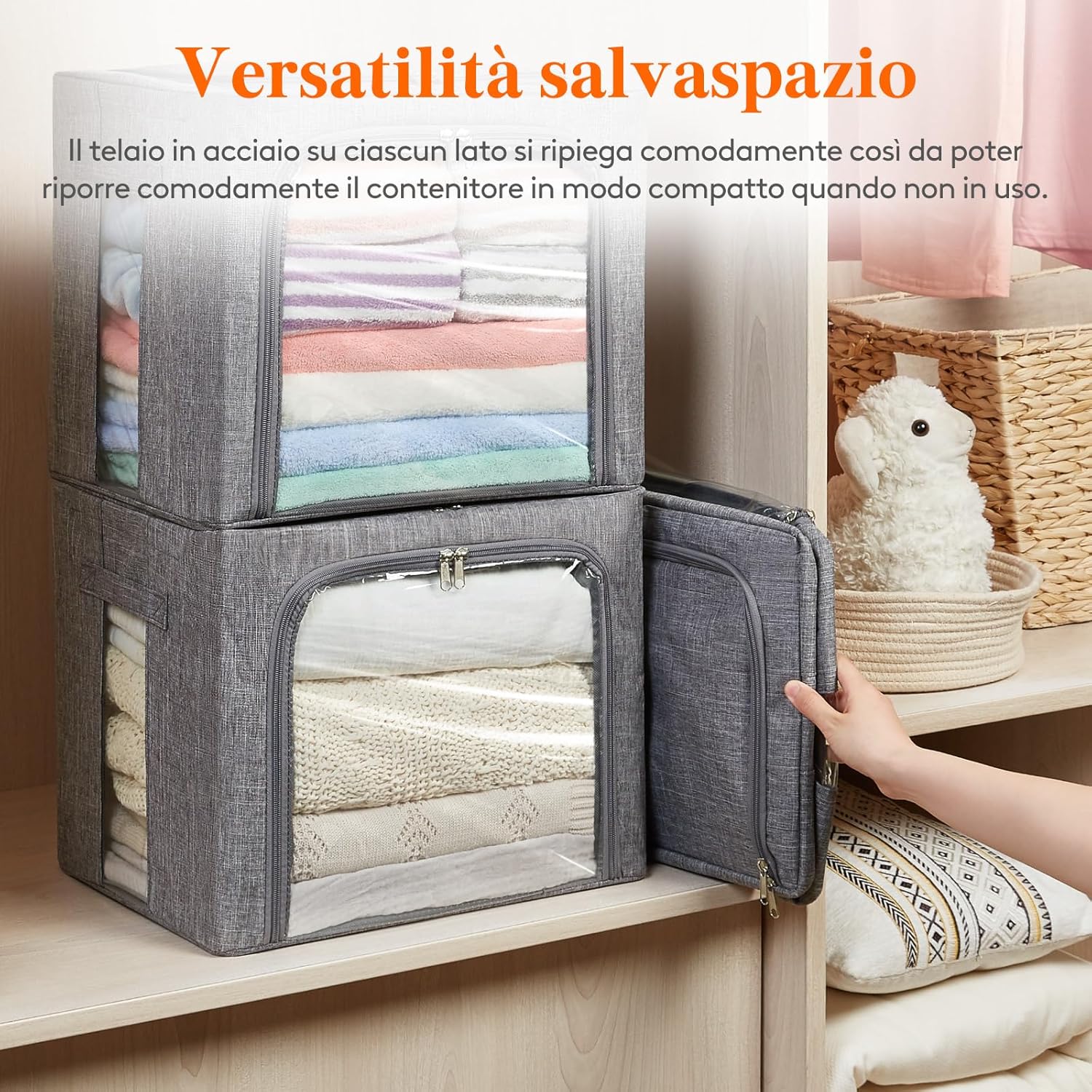 Thumbnail 5 de Lifewit set da 3 scatole rigide per armadio con cerniera, struttura in metallo pieghevole e capacità 40L (grigio)