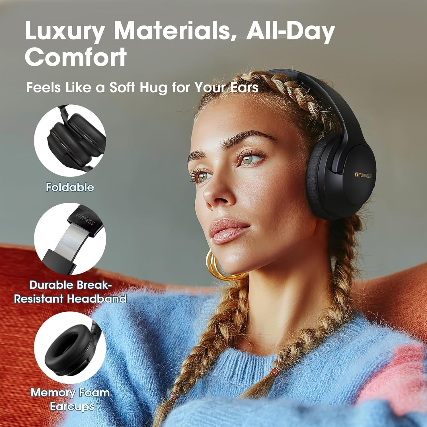 Detalle de YUMONDEAR Bluetooth Over-Ear Headphones: 80-Hour Battery, 3 EQ Modes, ENC Mic, Foldable & Portable