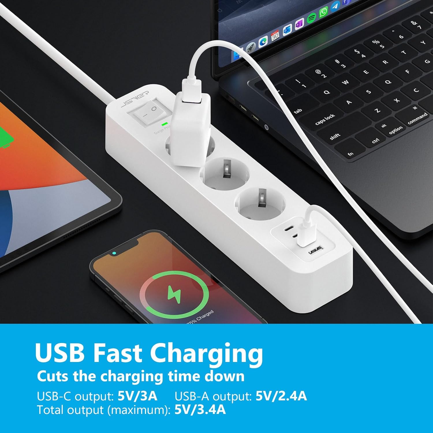 Thumbnail 2 de Multipresa JSVER 7 in 1 con 3 prese CA e 4 porte USB (2 USB-C + 2 USB-A) – cavo 4 m