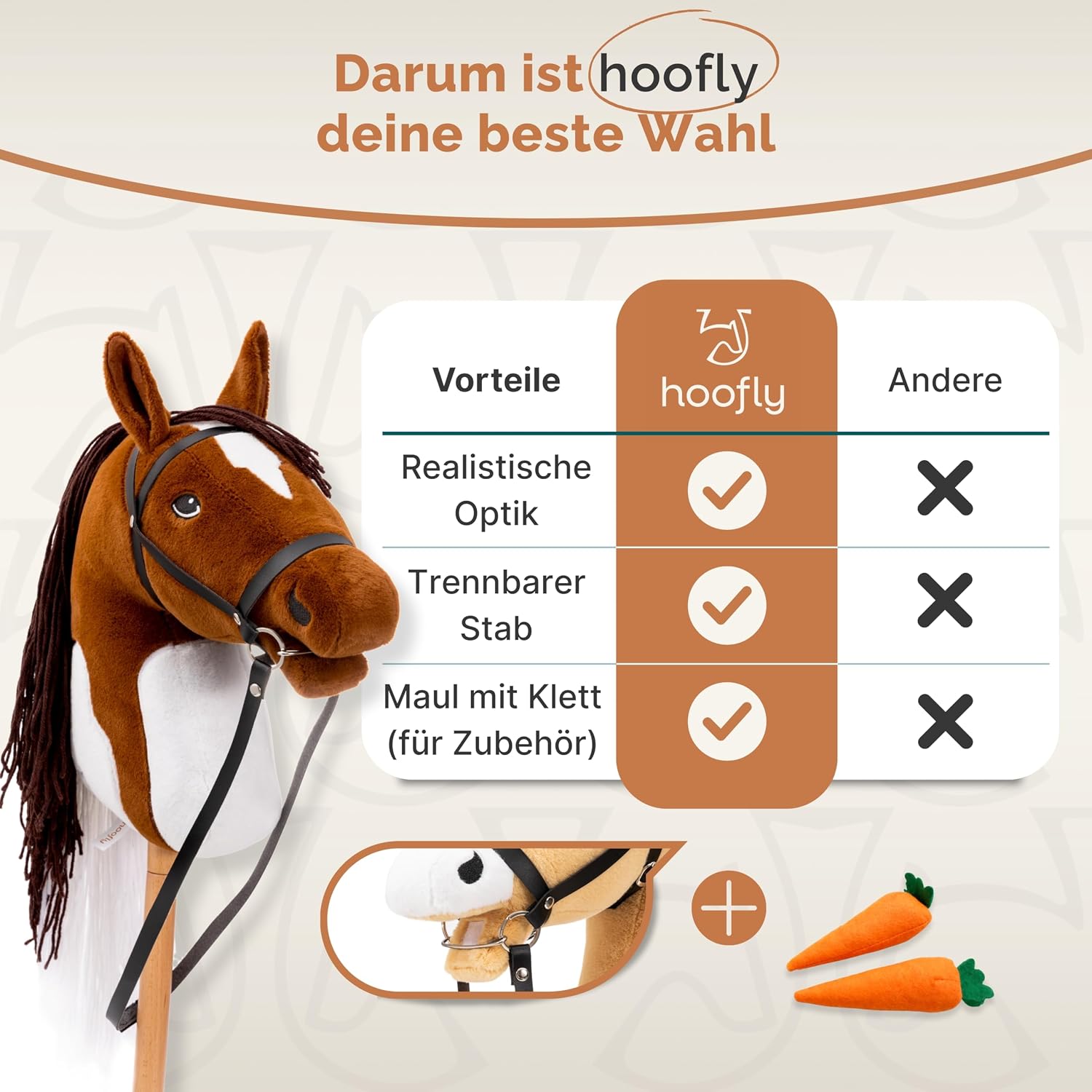 Thumbnail 3 de Hoofly® Hobby Horse Pferde – Großes Steckenpferd mit Trense, 40 cm Schraubstab & realistischer Ausführung
