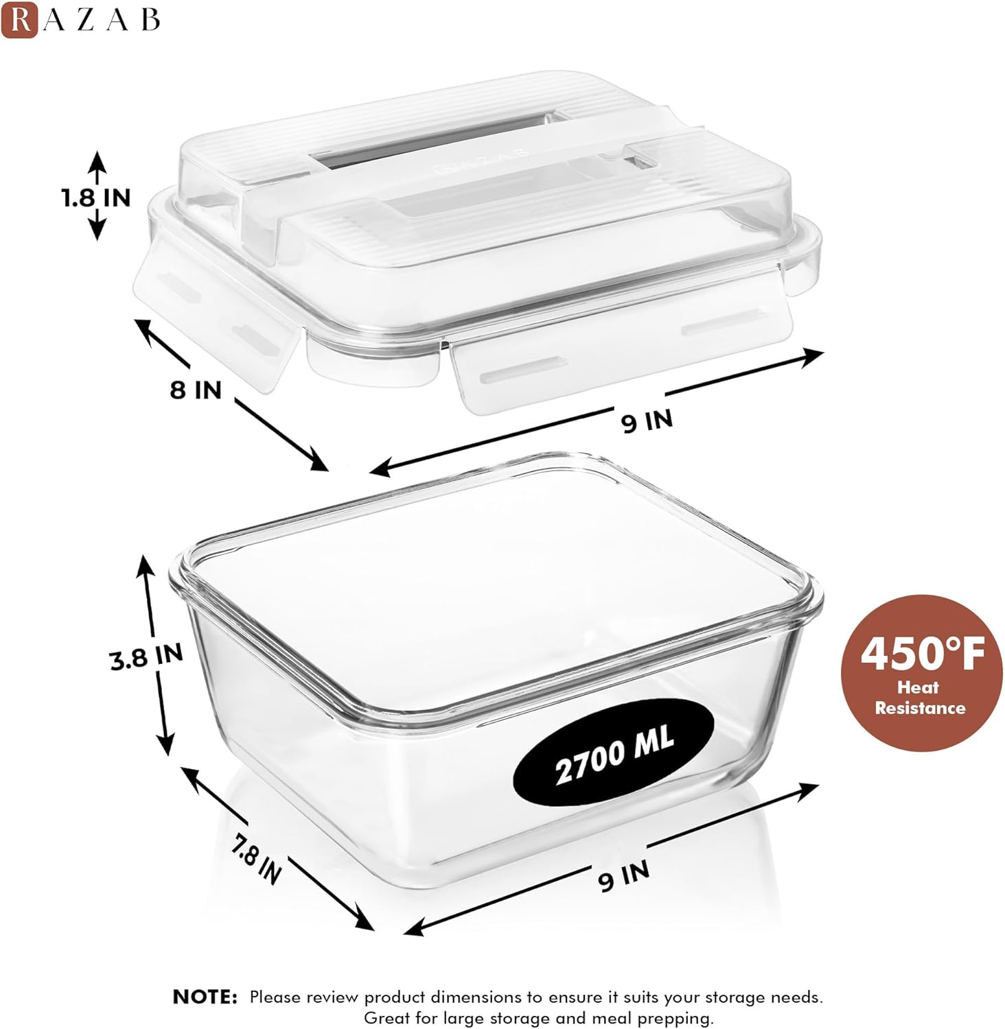 Thumbnail 2 de Razab 2700ml Glass Meal Prep Container with Lids