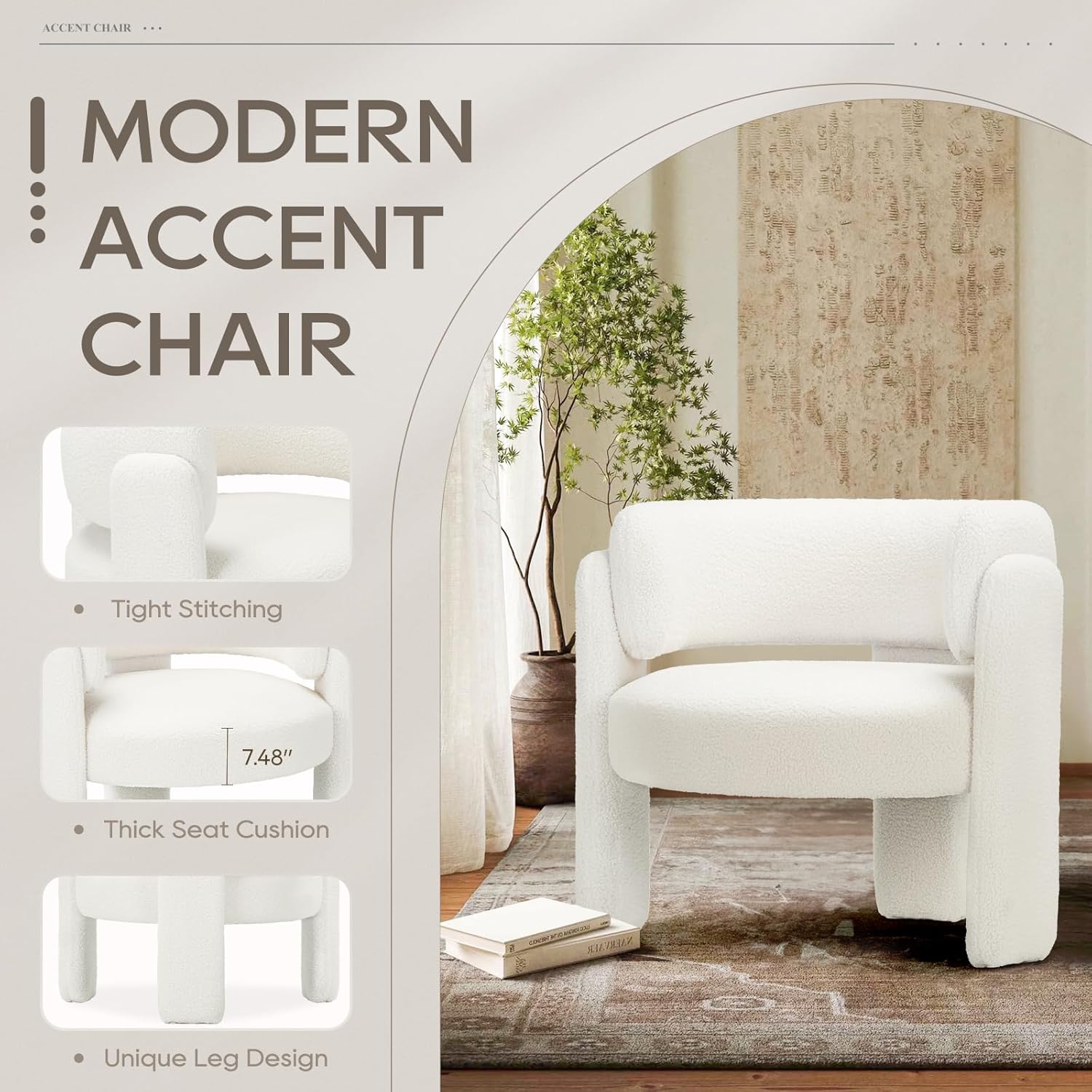 Detalle 1 de COLAMY W181 Sherpa Accent Chair, Cream, Rounded Arms and Three-Leg Design