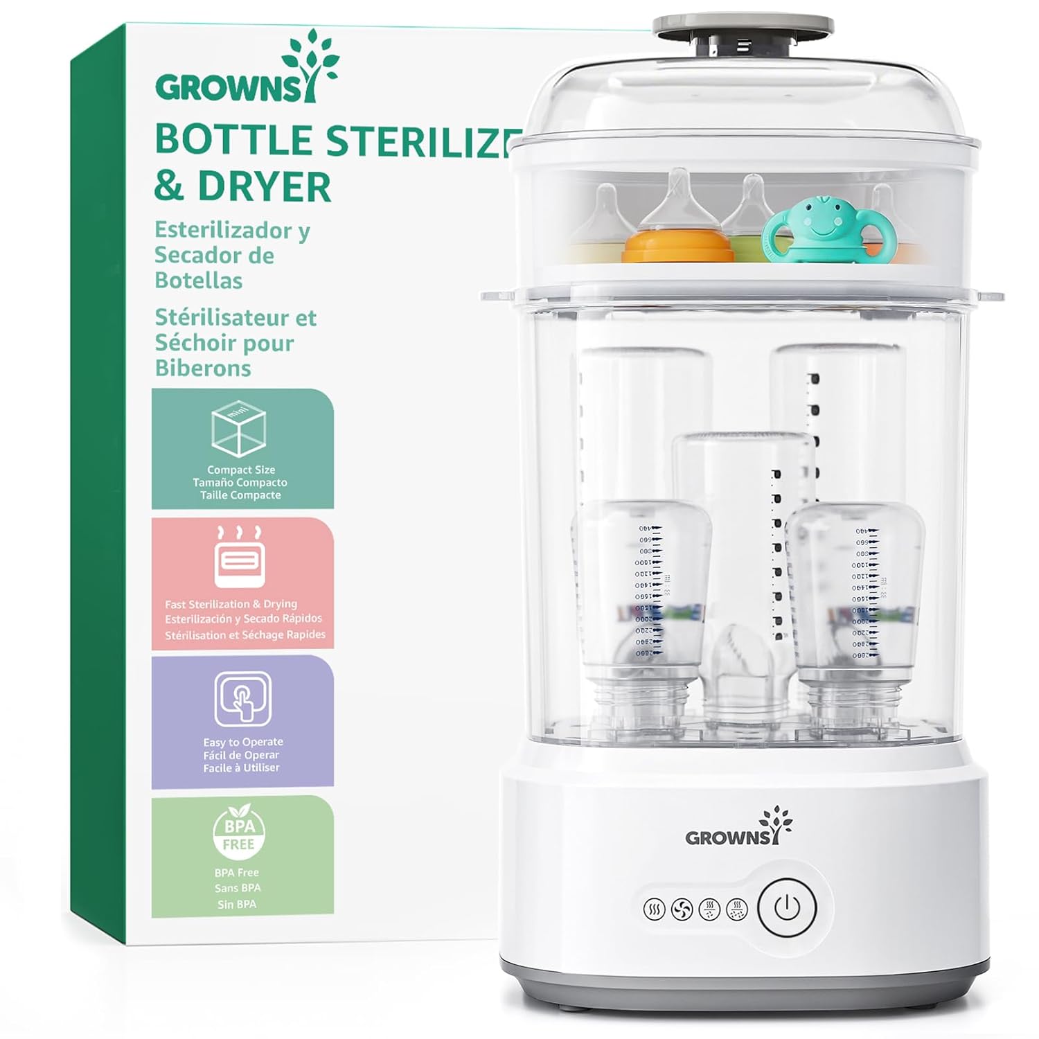 Detalle de Grownsy Sterilisator für Babyflaschen mit Trocknerfunktion (5-in-1) – Dampfsterilisator & Luftfilter für bis zu 5 Flaschen